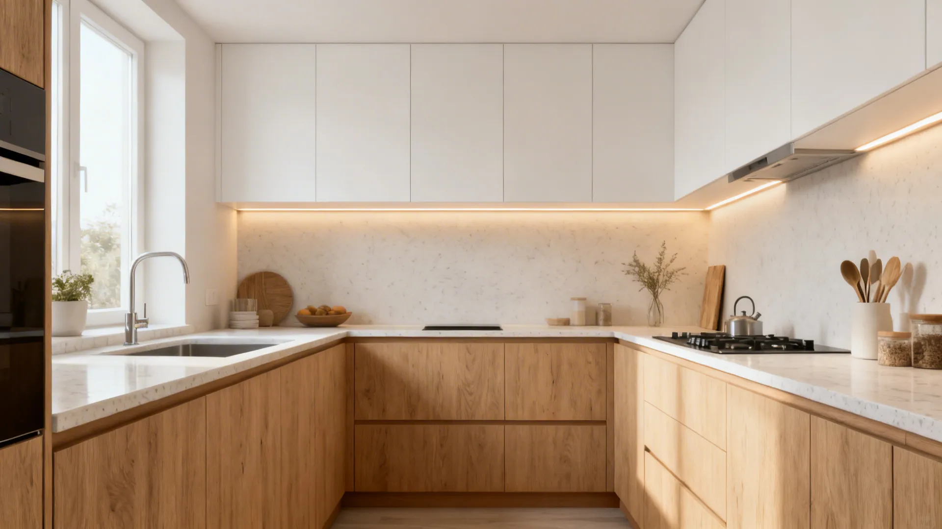 Light oak-look matte lowers with soft-white uppers brighten a compact galley kitchen.