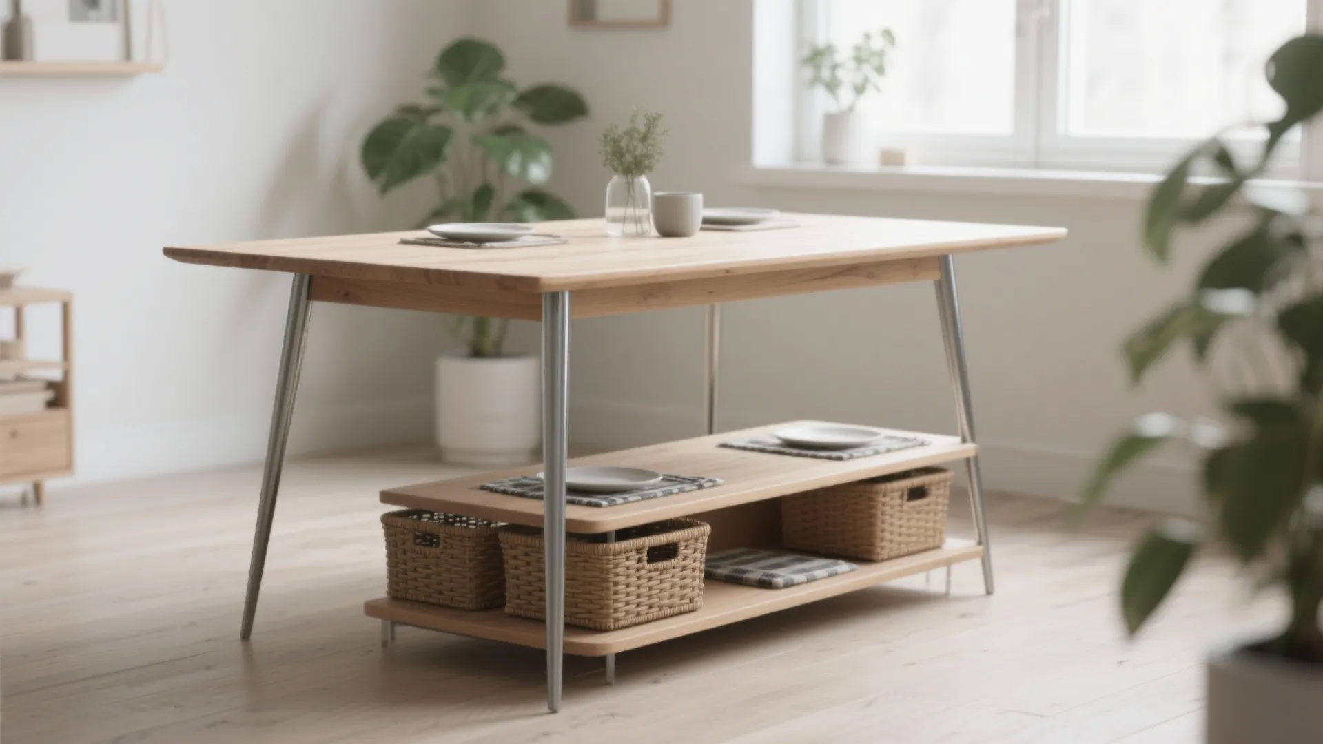 Light-toned ash table with mixed-material legs and under-table baskets in an airy studio space.