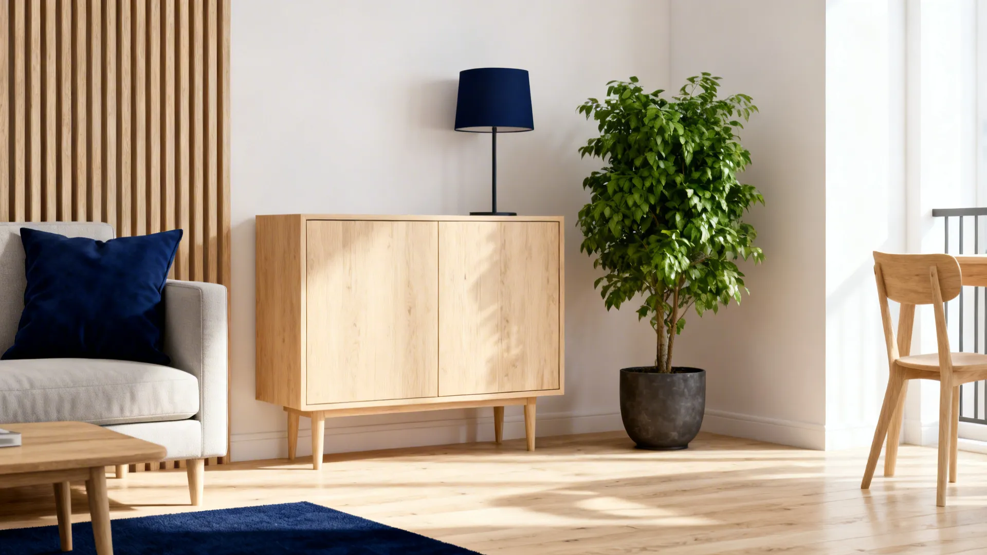 Airy living area with light oak furniture and navy accent pieces
