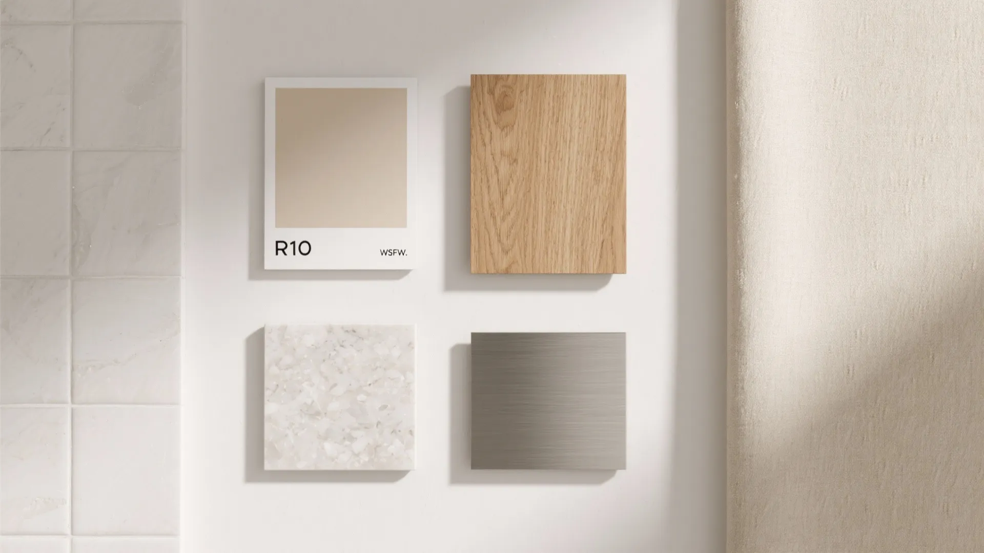 Interior design material palette with wood sample beige color swatch marble tile and gray metal