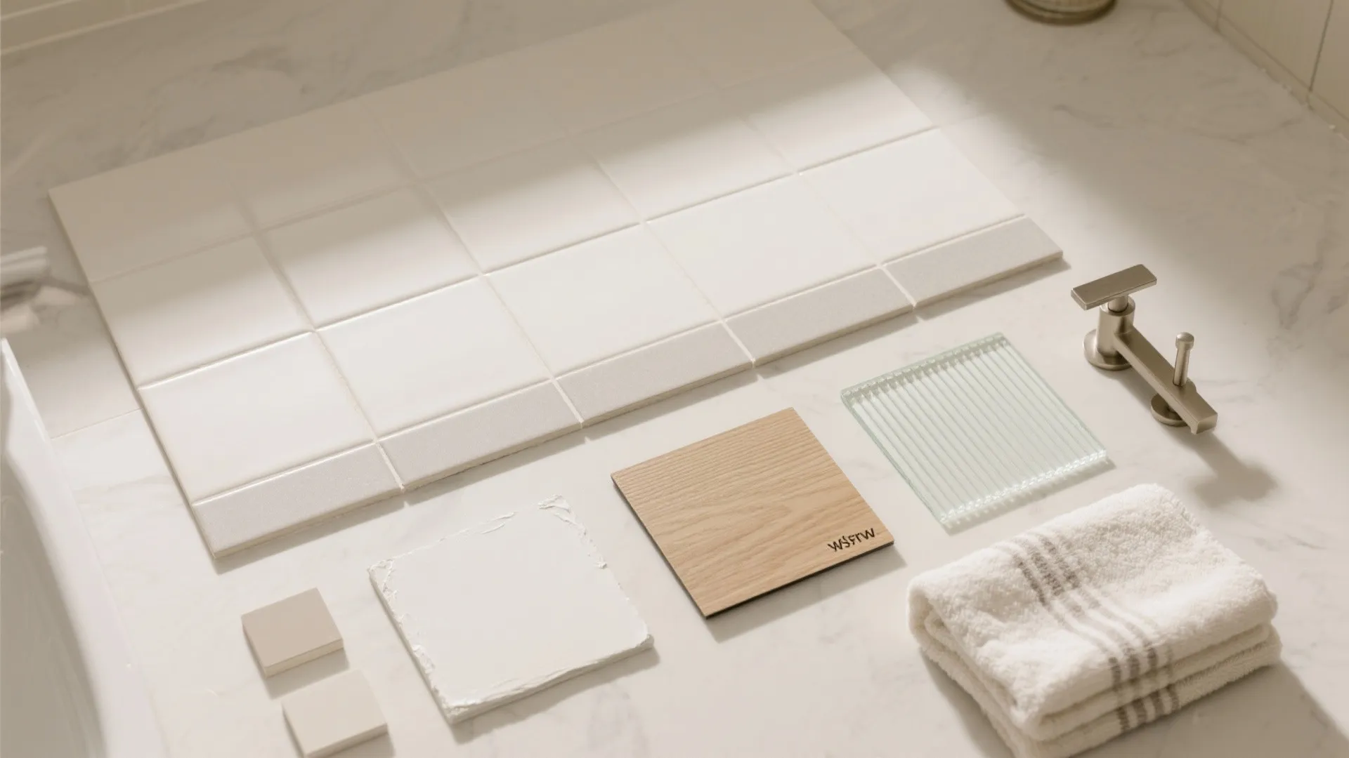 Mood board showing white wall tiles wood samples glass pieces and a white bathroom towel