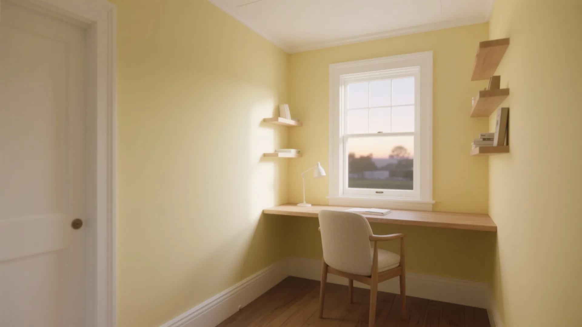 Minimalist study area with yellow walls wooden floating desk white chair and a small window