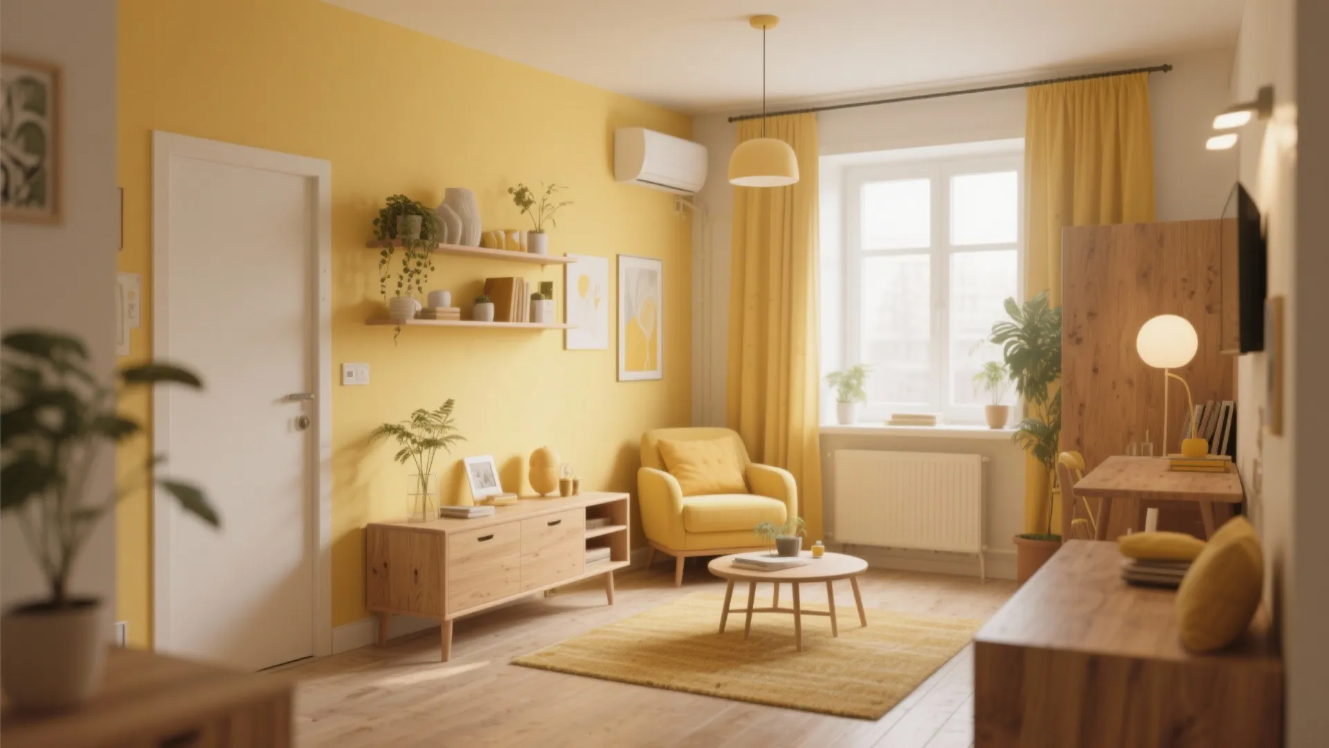 Bright living room featuring yellow walls yellow armchair yellow curtains wooden cabinet and coffee table