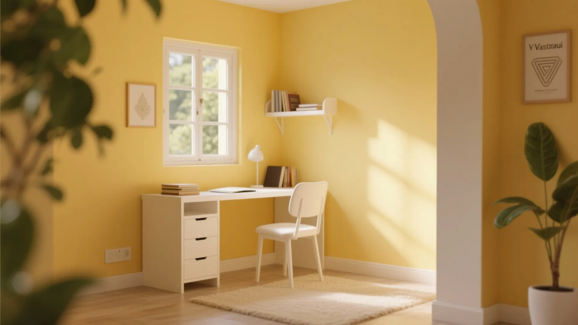 Minimalist yellow study room with white desk chair small wall shelf and bright window light
