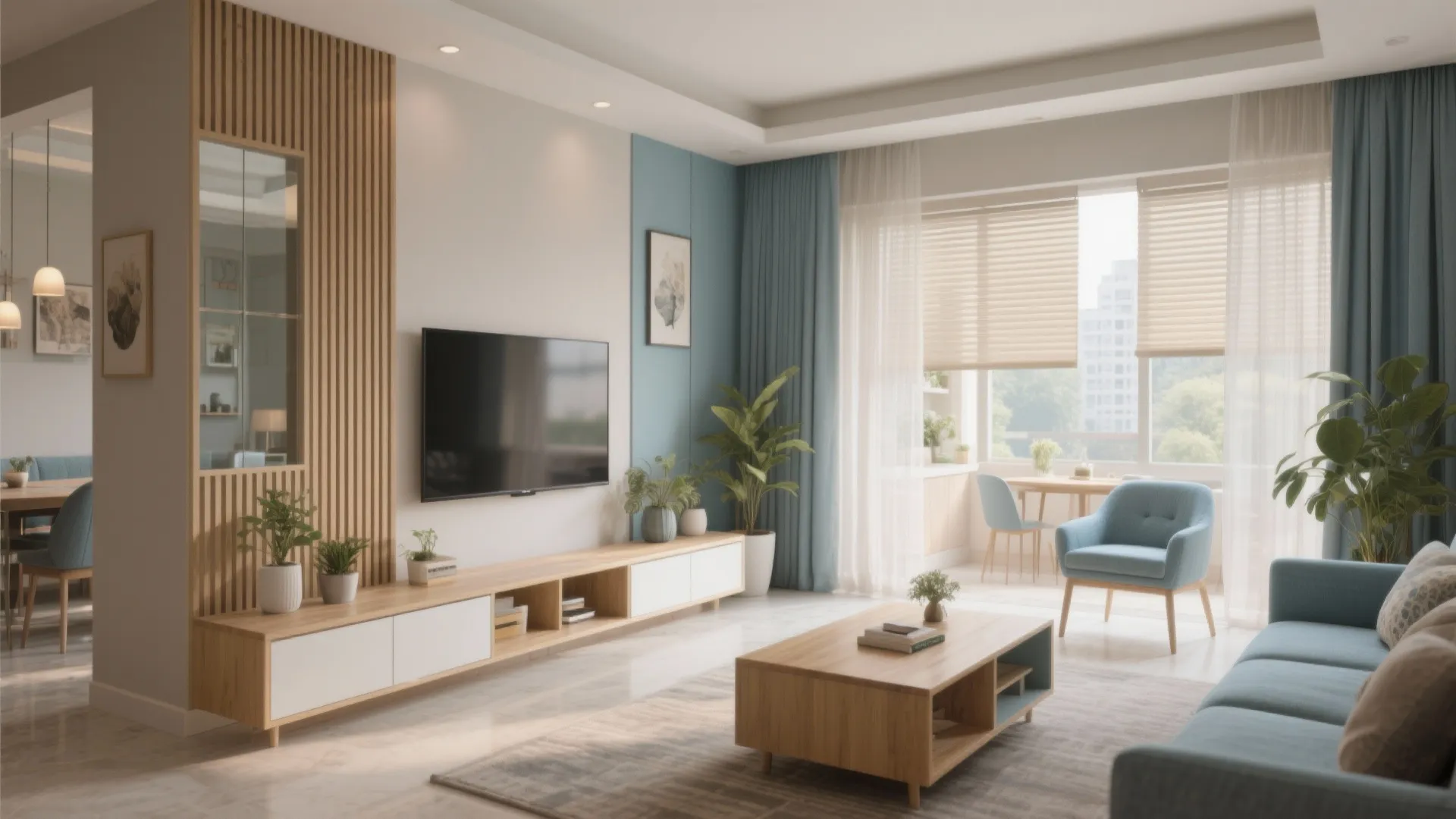 Light-first zoning for living–dining continuity