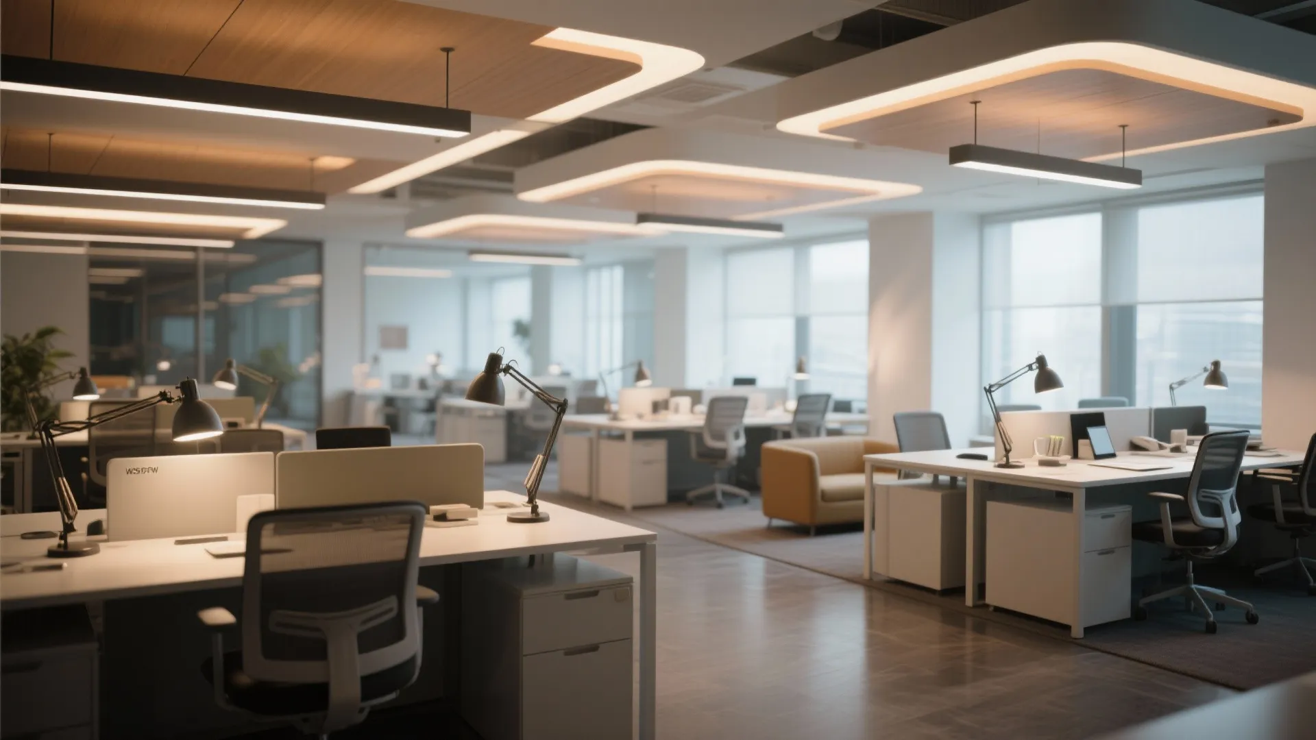 Modern office with distinct lighting zones for work and relaxation