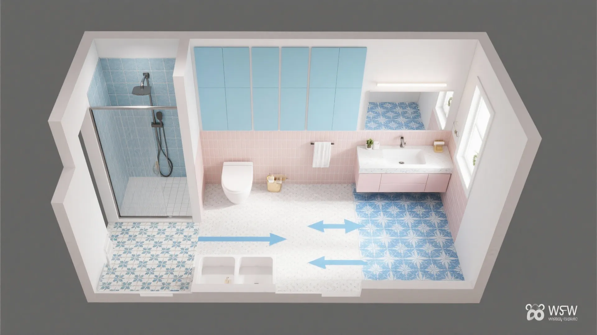 Top-down plan showing how zellige, large-format, subway, and patterned tiles combine.