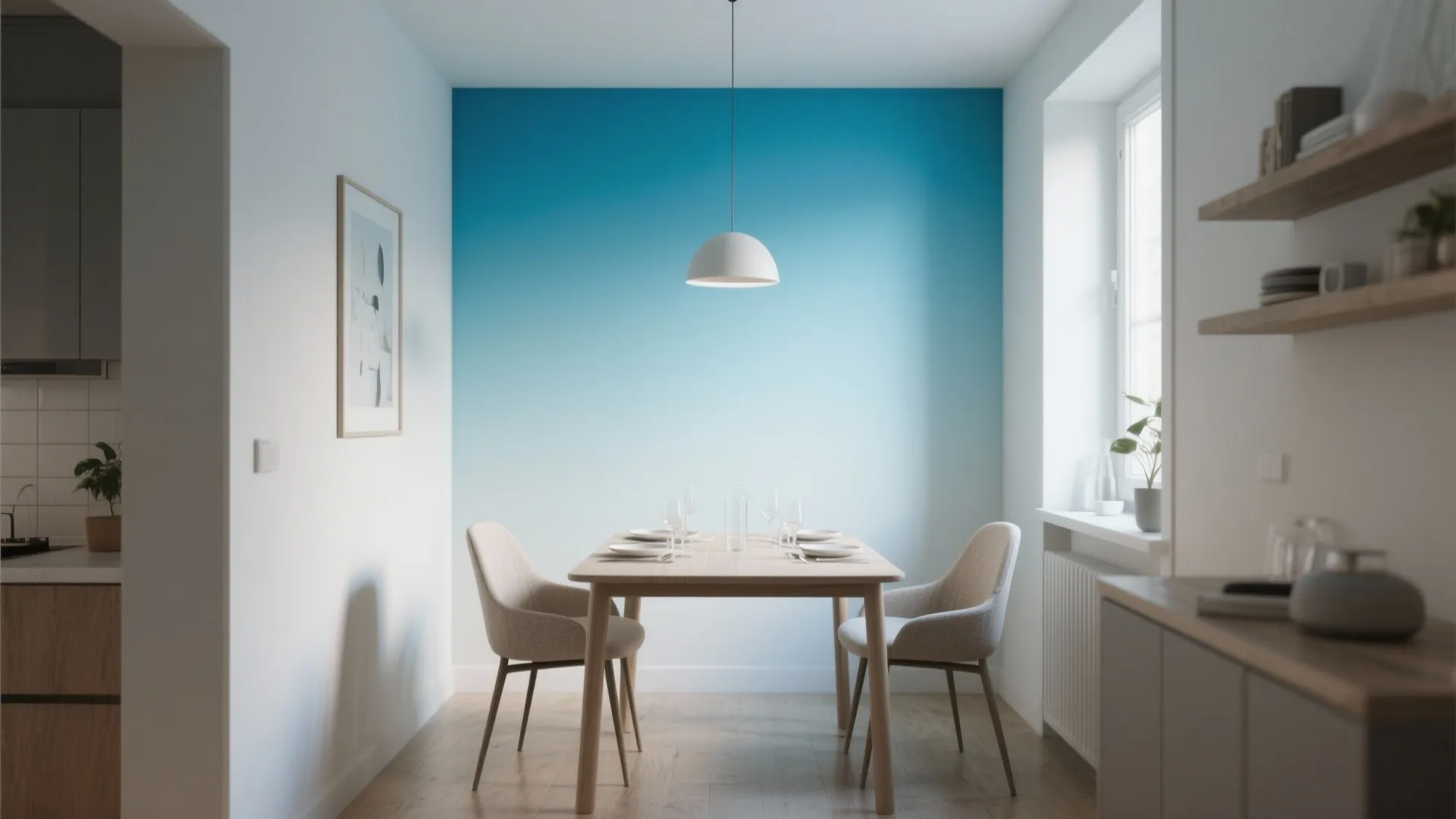 Compact dining area with a light blue ombre mural that makes the ceiling feel higher.
