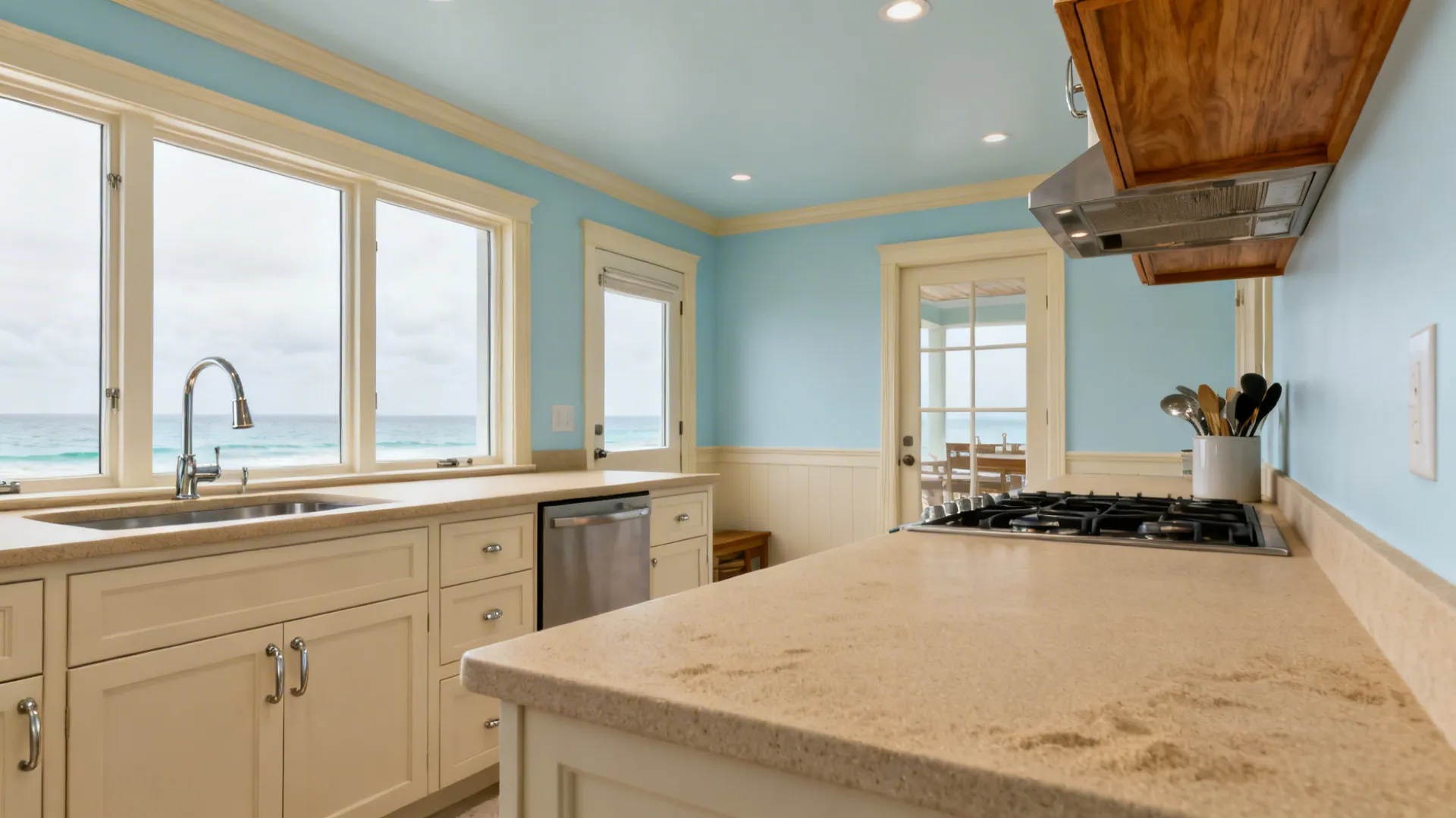 Windowless small kitchen with light blue walls, sand neutrals, and brushed nickel accents.