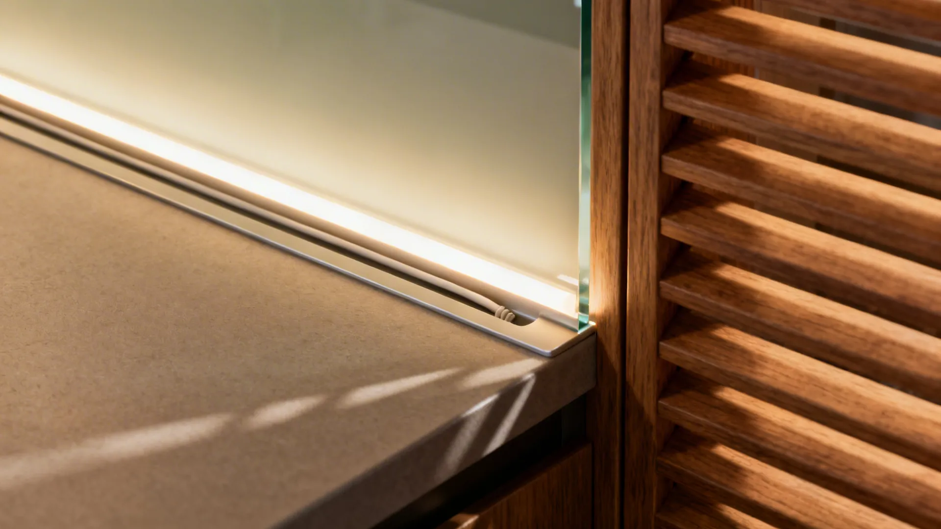 Close-up of a backlit glass backsplash edge with a clean LED channel near oak slats.