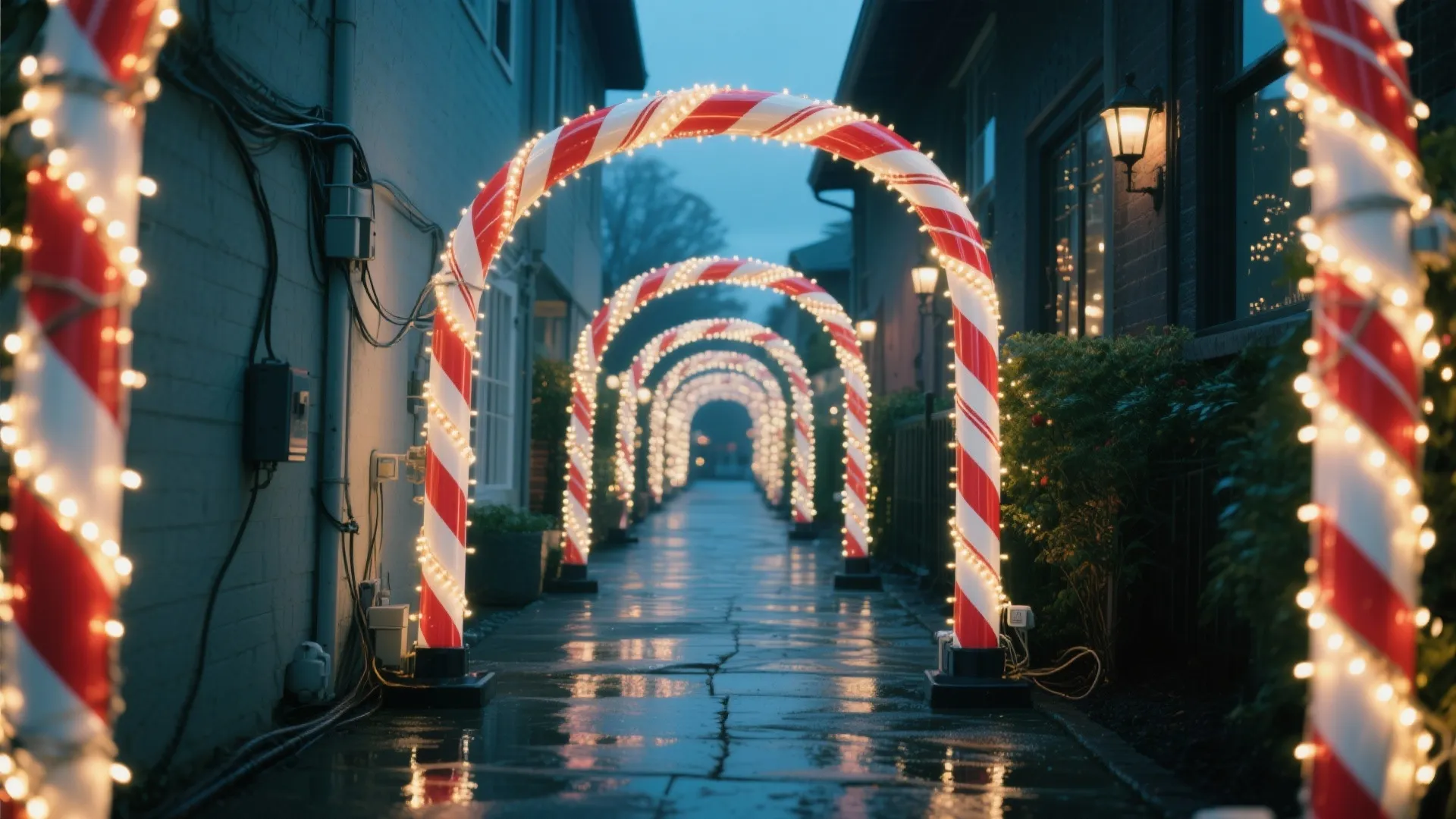 Outdoor pathway lined with several candy cane arches decorated with glowing small lights during evening