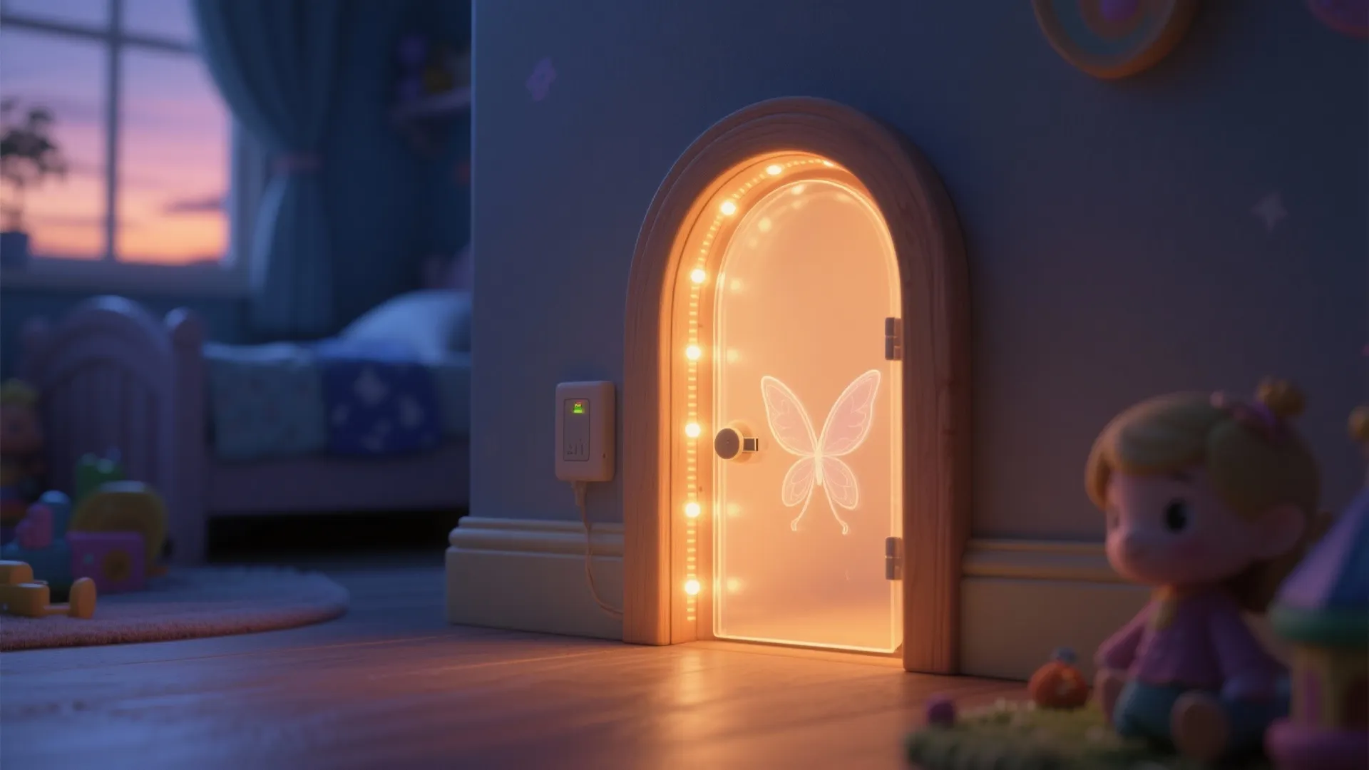 Small glowing fairy door with warm lights and butterfly on the wall in kids bedroom