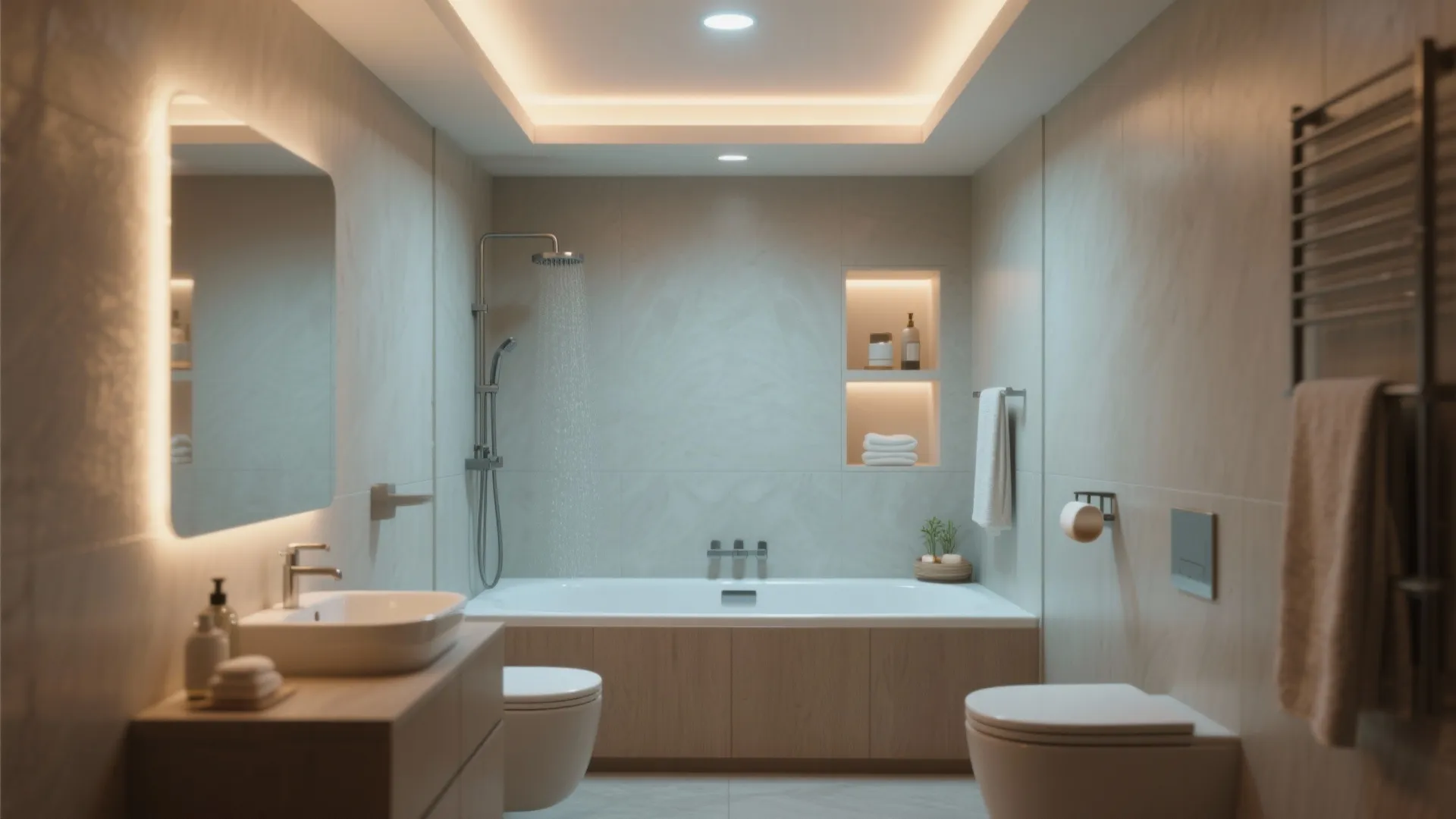Small bathroom with recessed ceiling backlit lighting