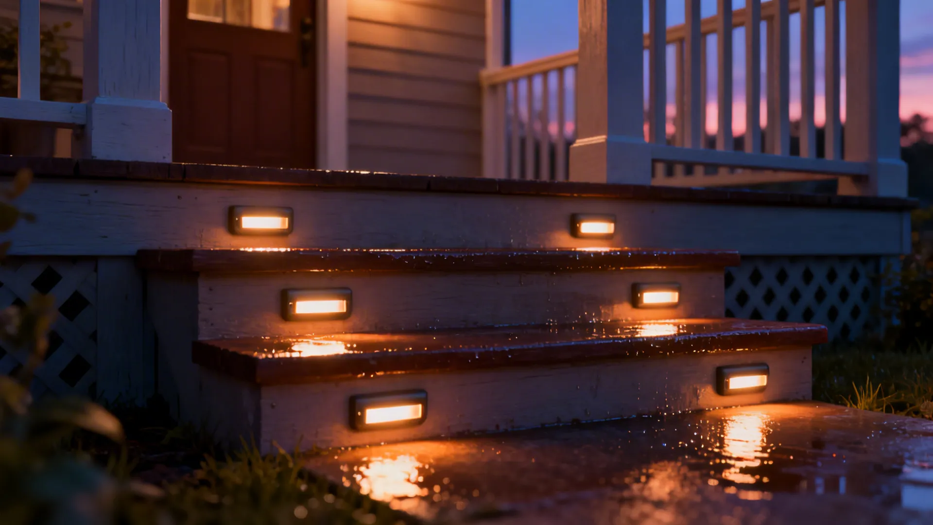 Porch steps with warm LED riser lights creating safety and ambient glow.