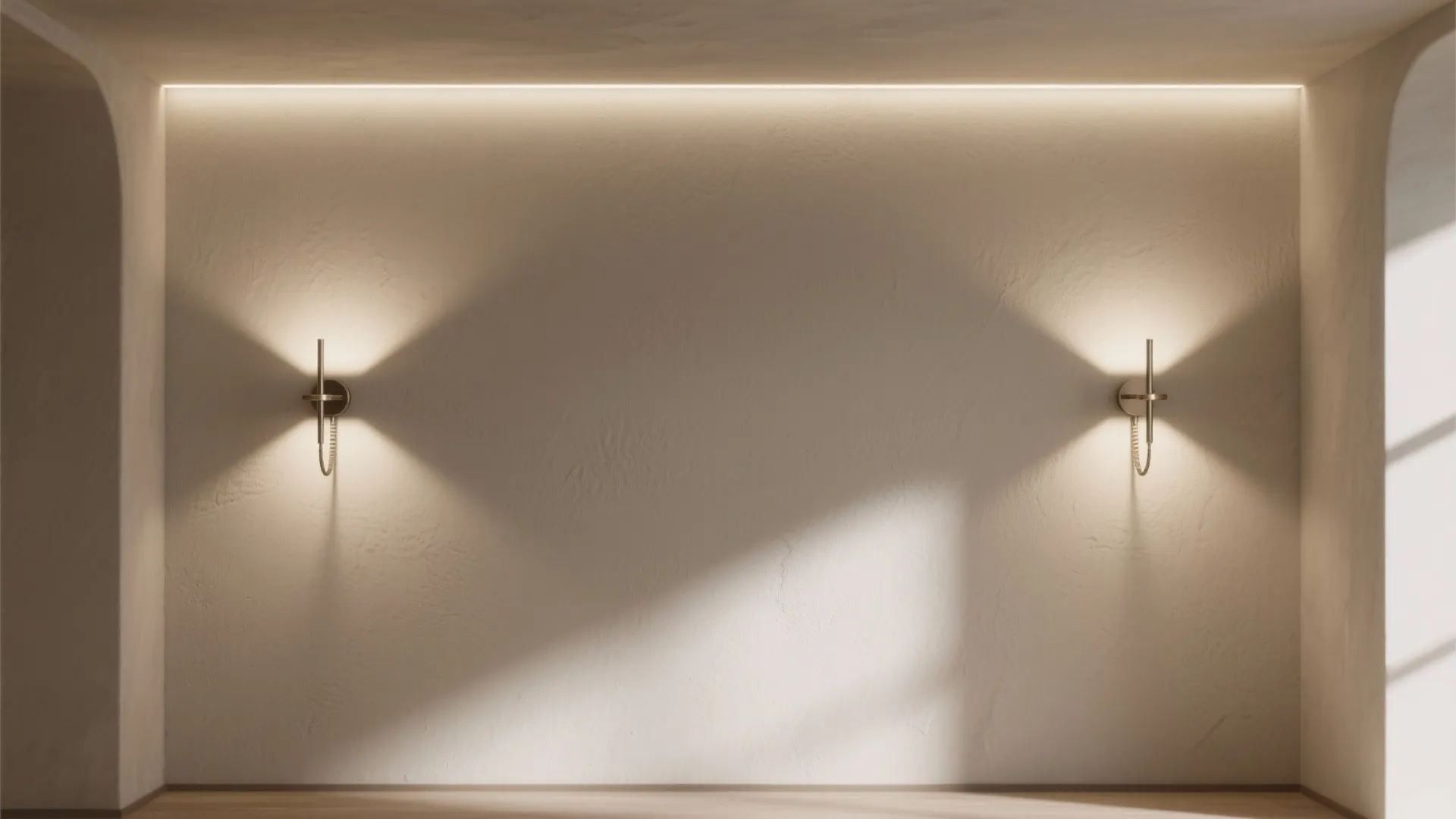 Empty wall with two symmetrical wall light fixtures and soft warm light strip on ceiling