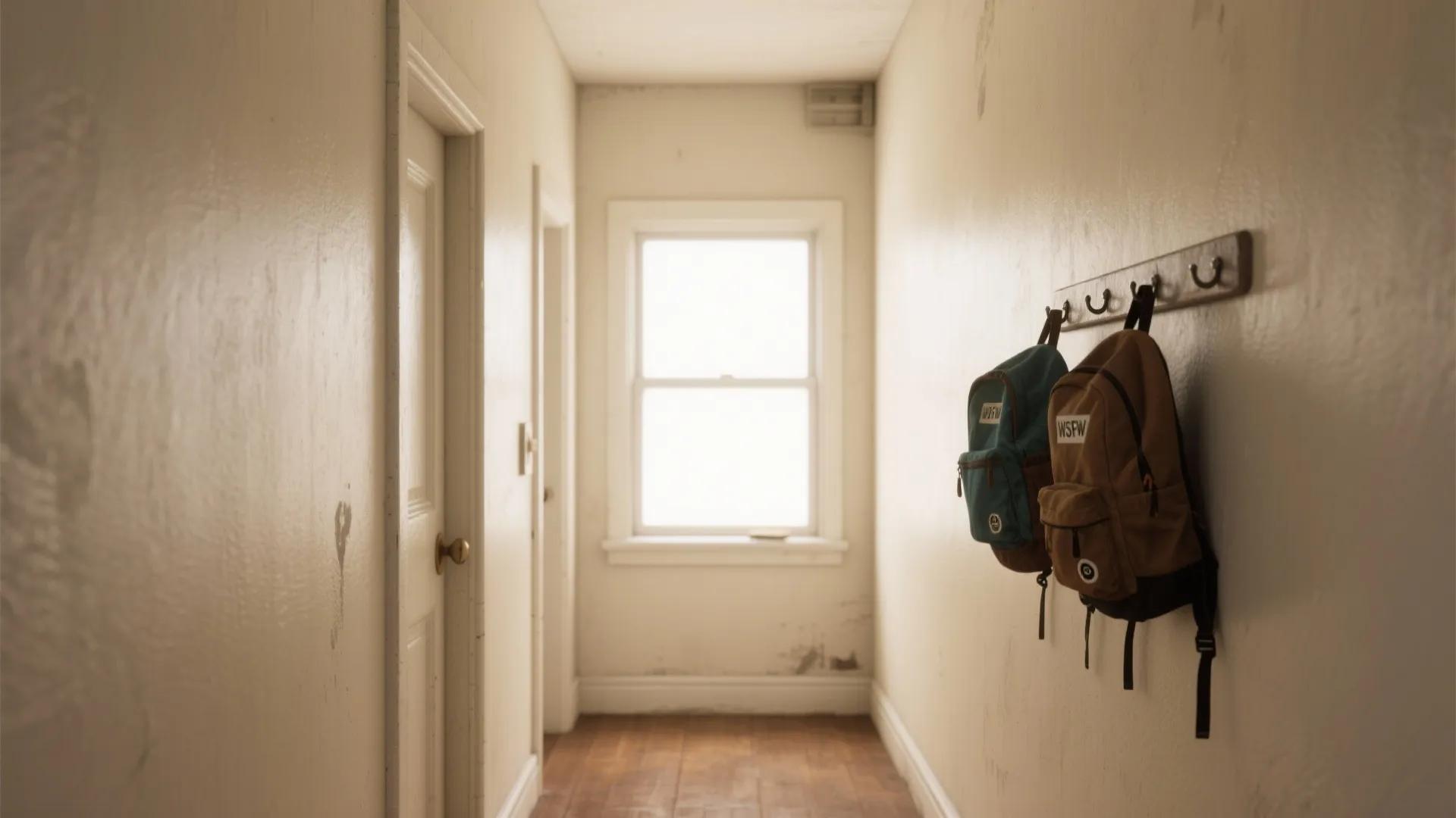 Narrow hallway with white walls wooden floor window and two backpacks hanging on a rack