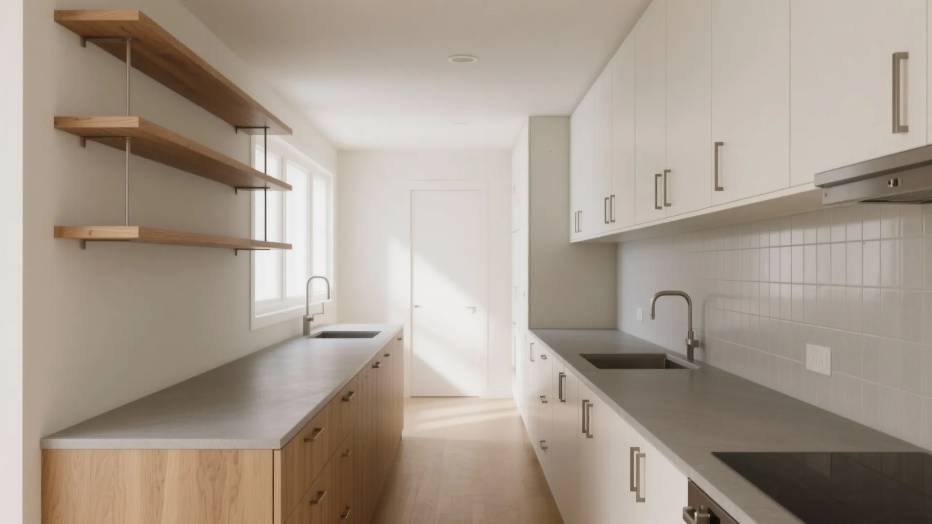 Minimalist galley kitchen with long gray countertops white upper cabinets and wooden open wall shelves layout