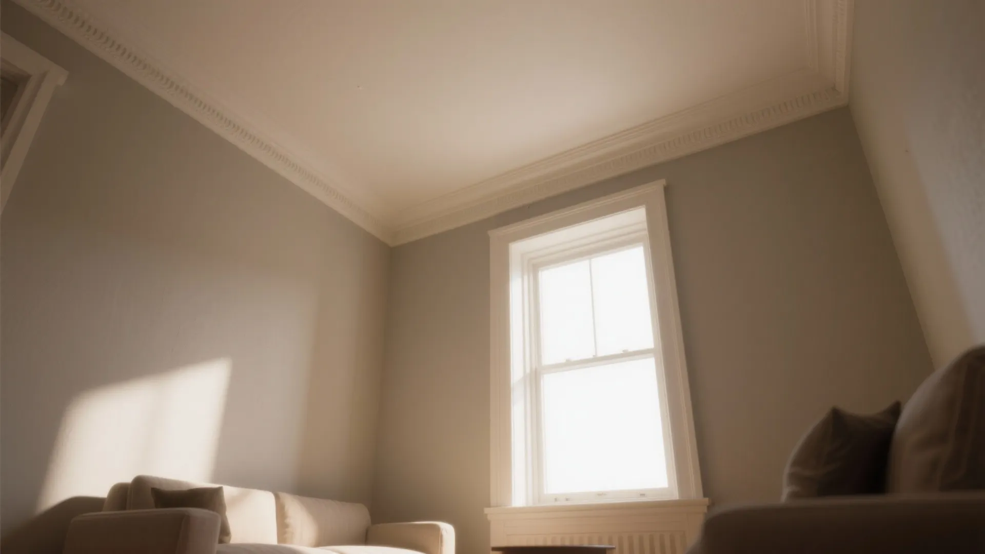Minimalist living room with grey walls white window and natural sunlight hitting a beige sofa