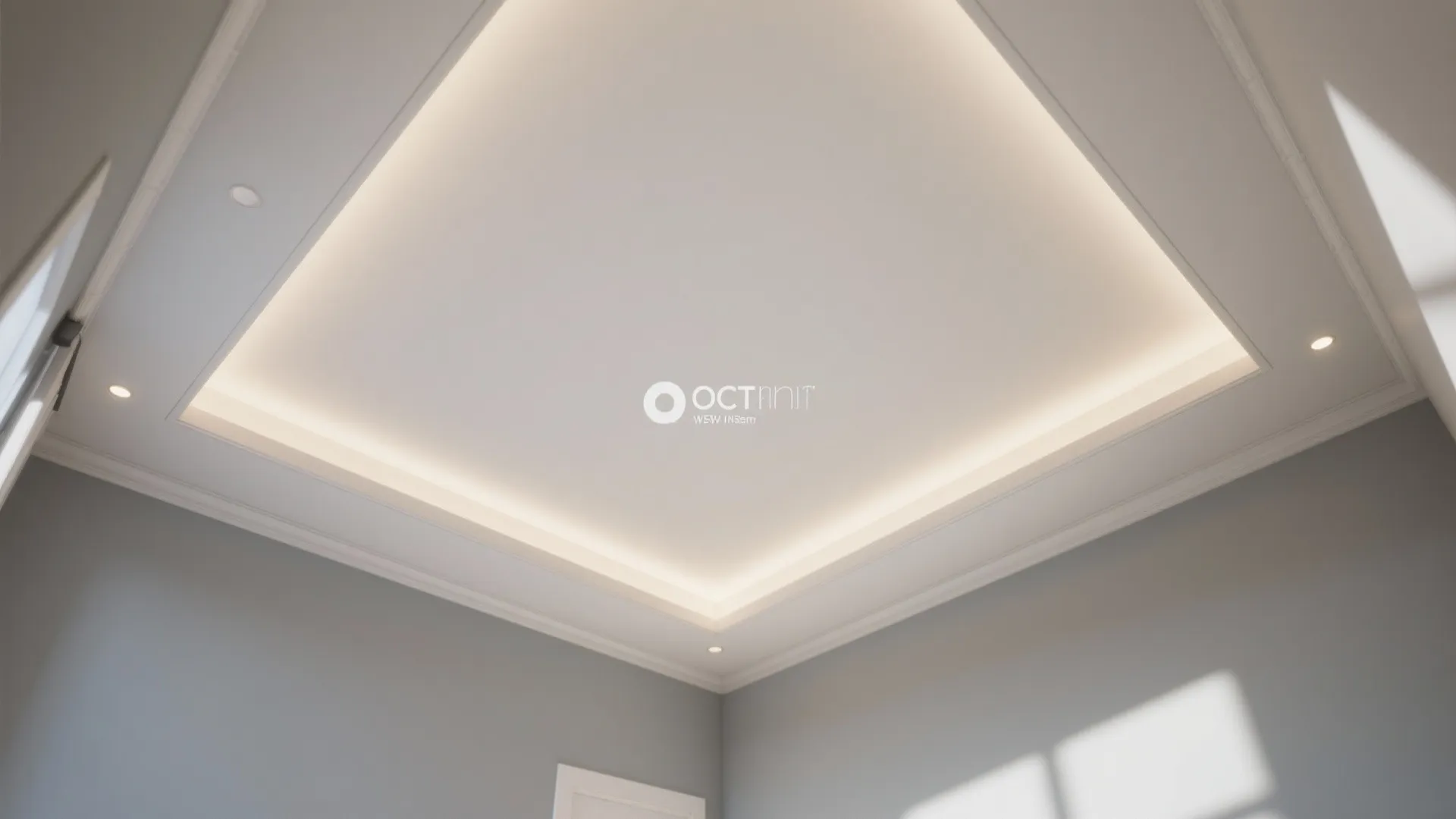 Modern white tray ceiling design with hidden warm light fixture and small recessed ceiling lights