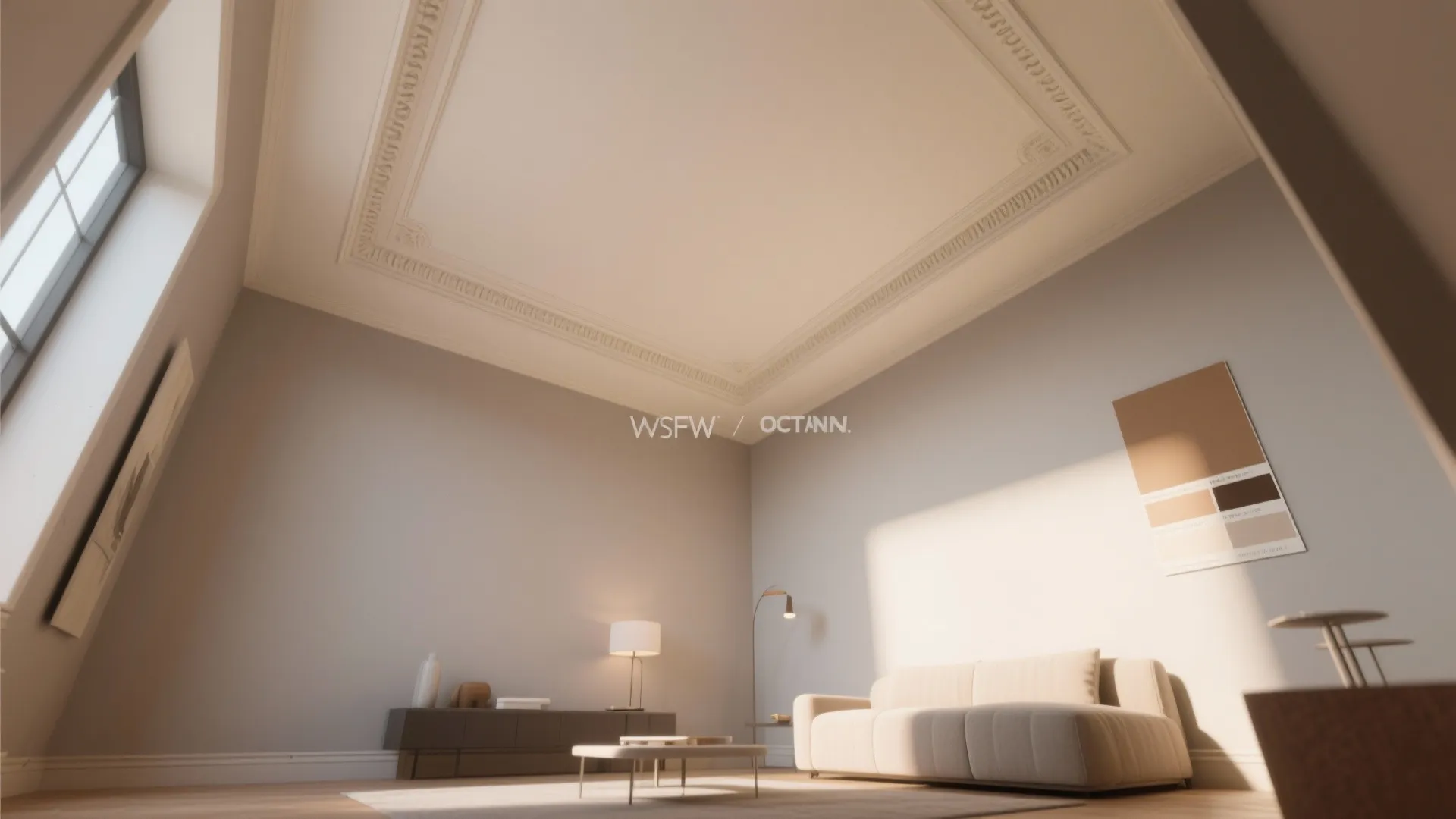 Minimalist living room featuring cream sofa high decorative ceiling white walls floor lamp and art