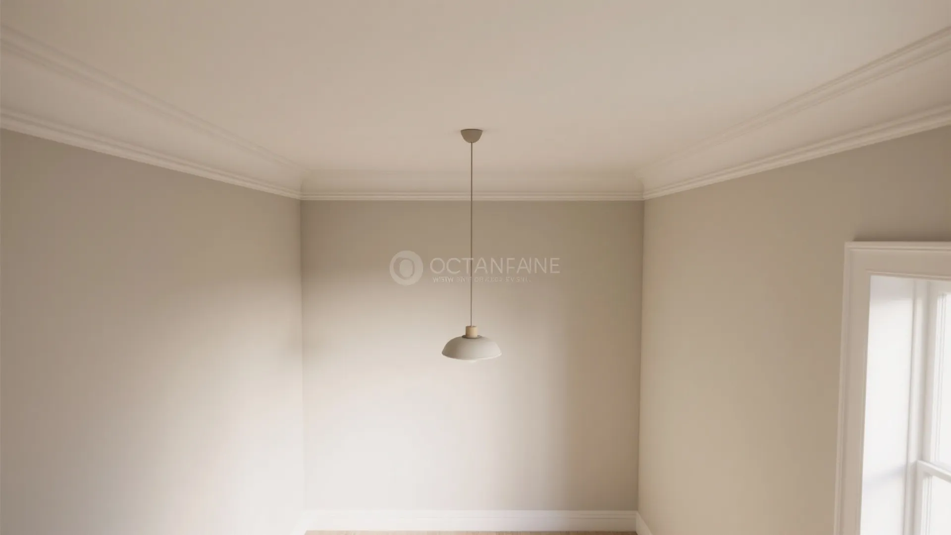 Simple white ceiling light hanging in a neutral room with crown molding and beige walls