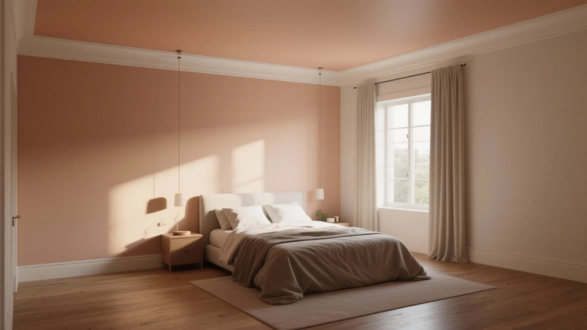 Modern bedroom with peach walls pink ceiling white bed wooden floor and two hanging lights