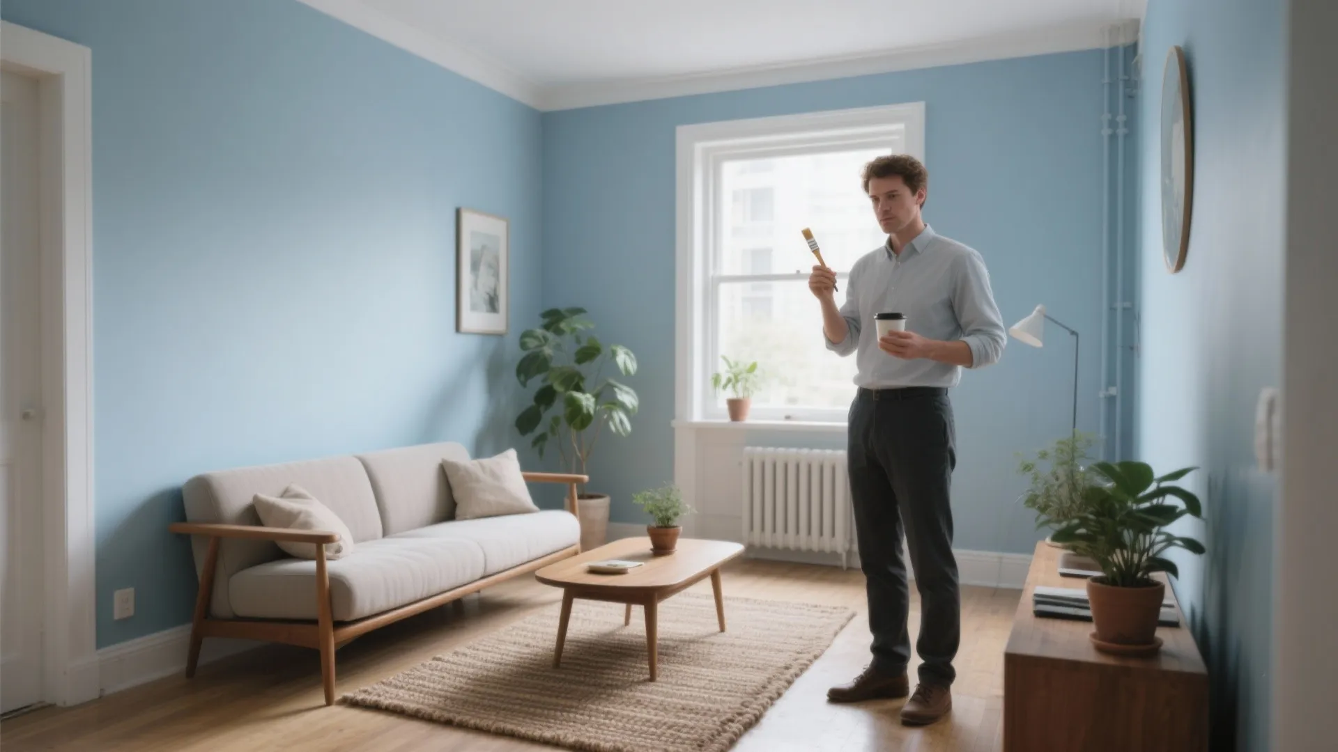 Man holding brush and coffee in living room with blue walls and a white sofa