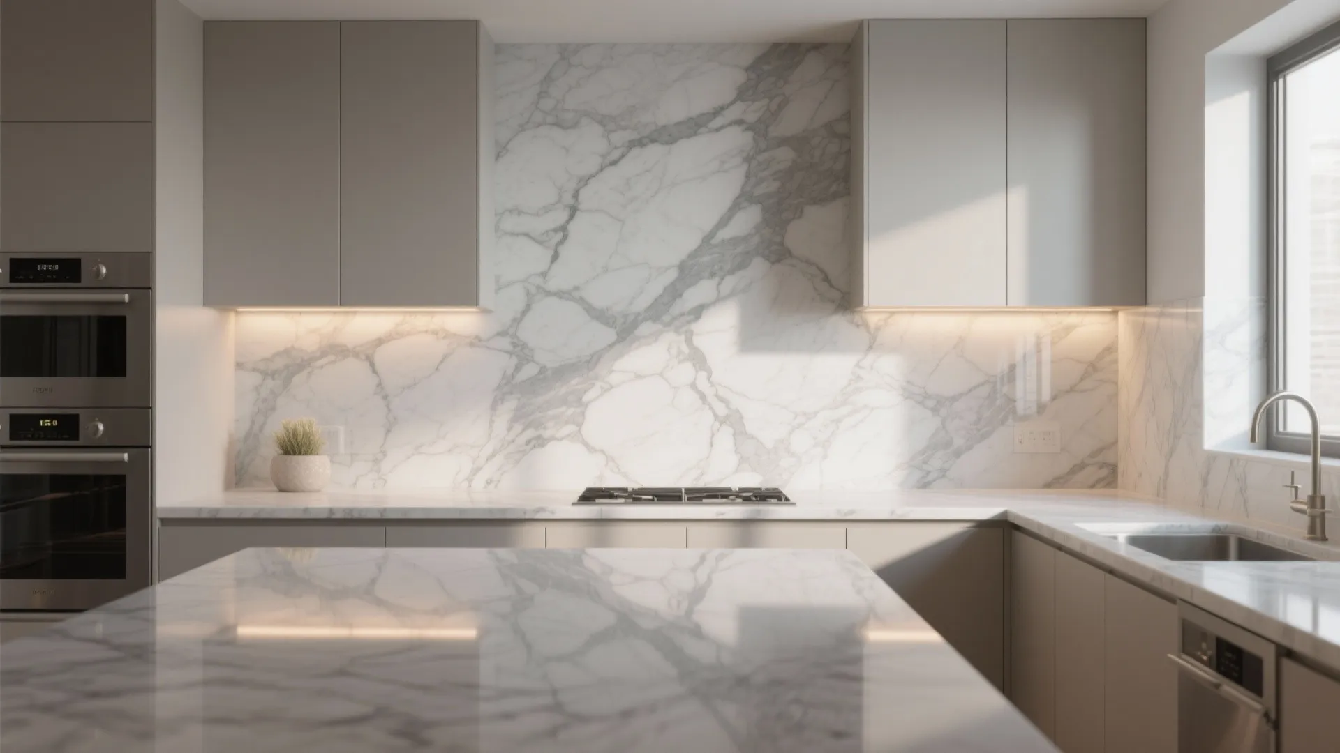 Modern kitchen with white marble wall panel, grey cabinets, gas stove, and white stone countertop
