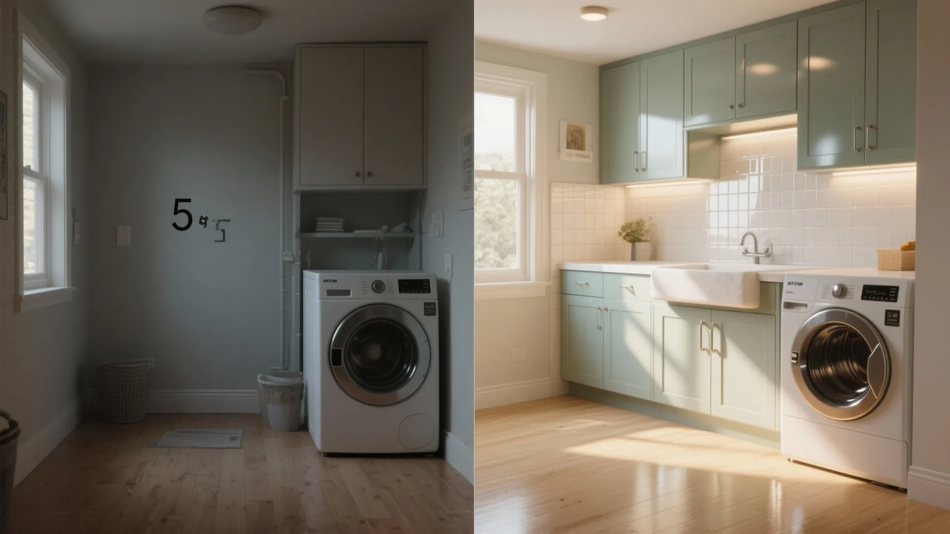 Before and after comparison of dark laundry room versus bright kitchen with green cabinets washer