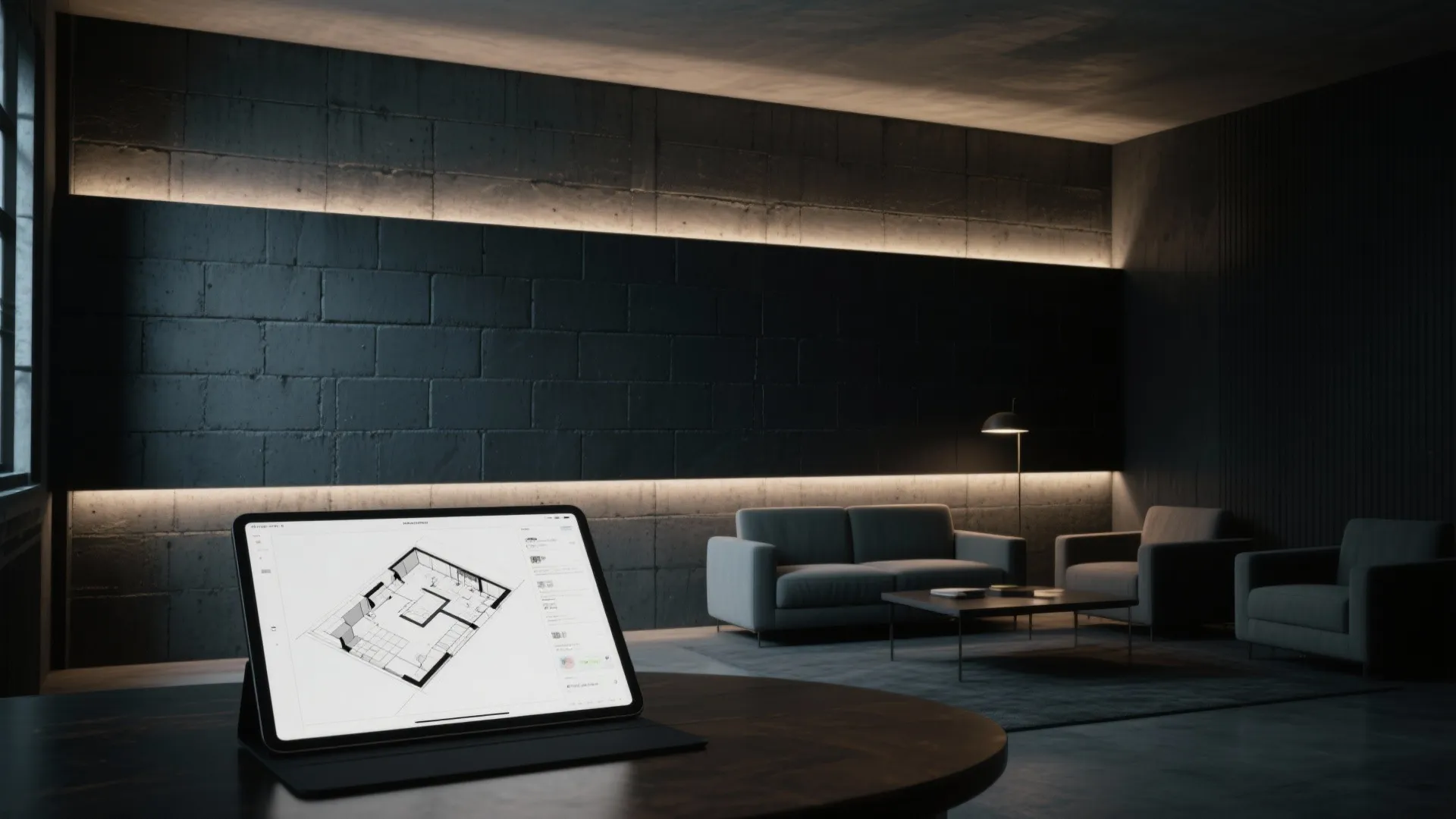 Tablet displaying a floor plan design on a table in a dark modern living room