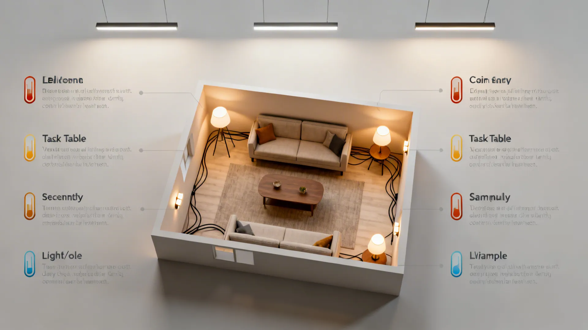 Top-down 3-point lighting layout for a small living room showing lamp positions and cord routes