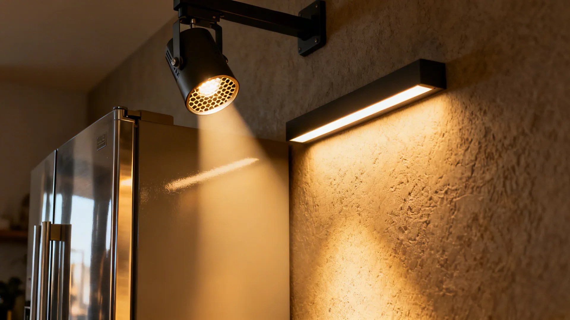 Close up of a black wall light and spotlight shining warm light on a wall