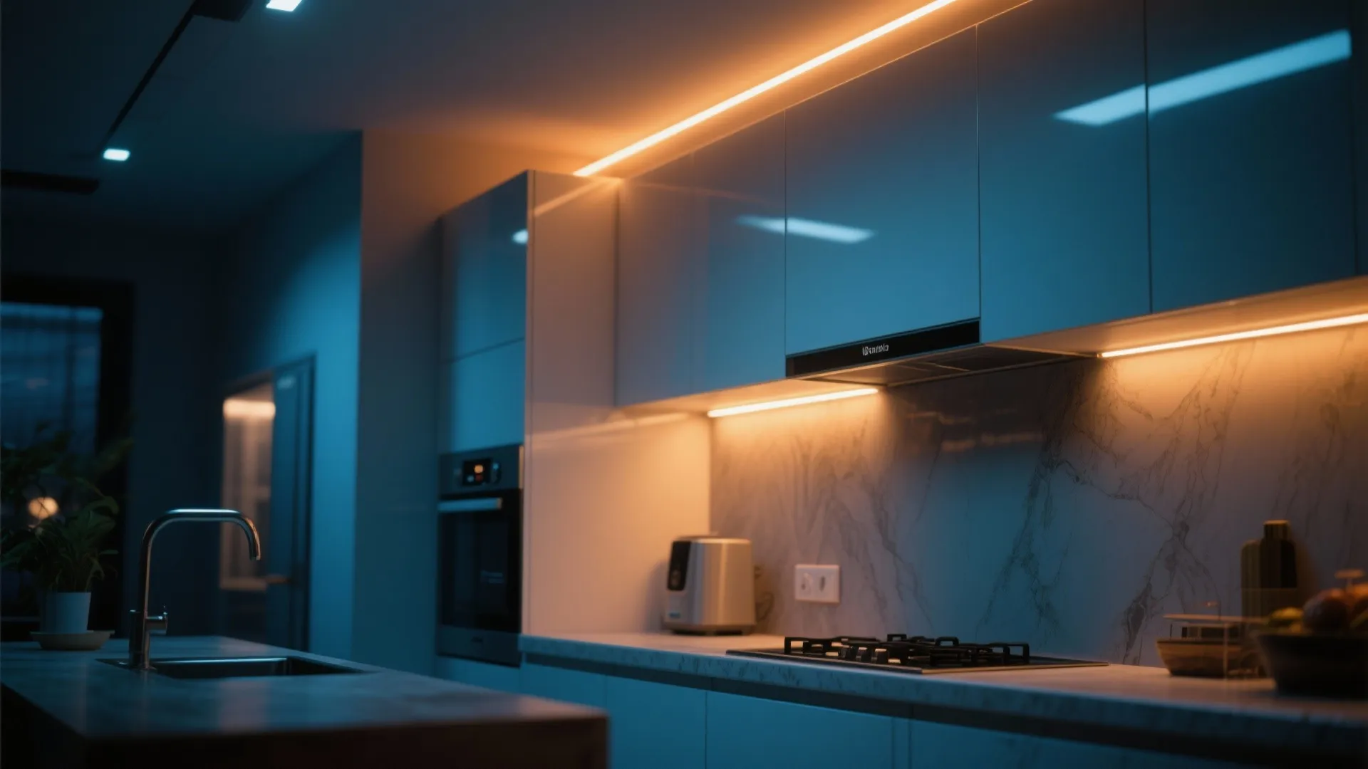 Modern kitchen with warm orange strip light above cabinets and cool blue light on walls