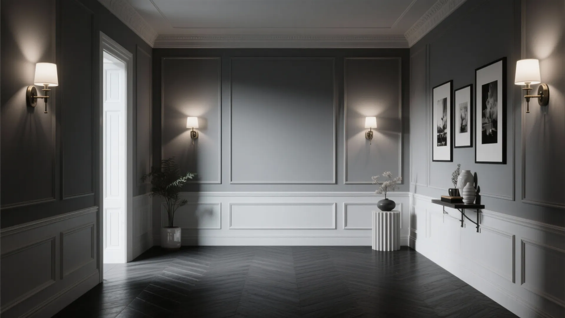 Empty classic room with grey walls white wall panel dark wood floor and wall lights