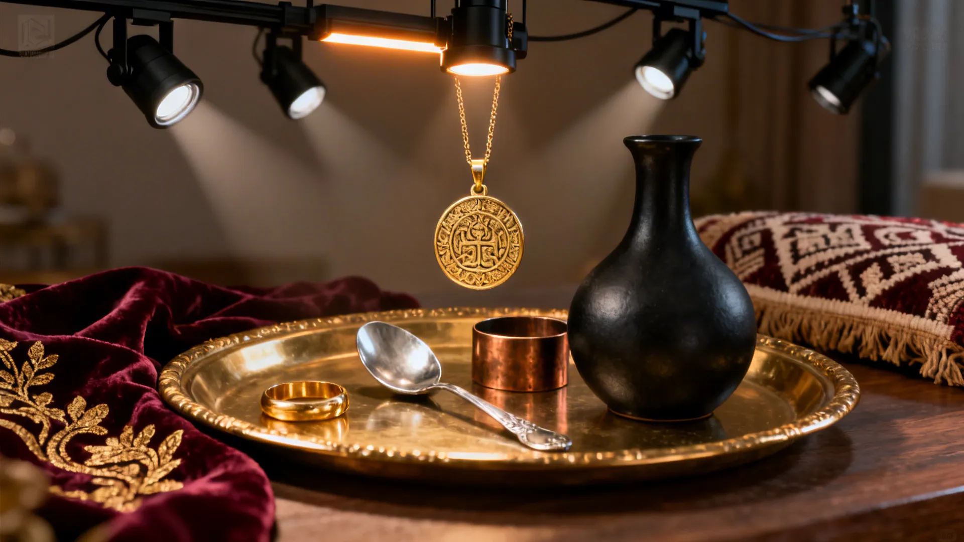 Layered accent lighting with gold-trimmed tray and black ceramic vase in a styled vignette.