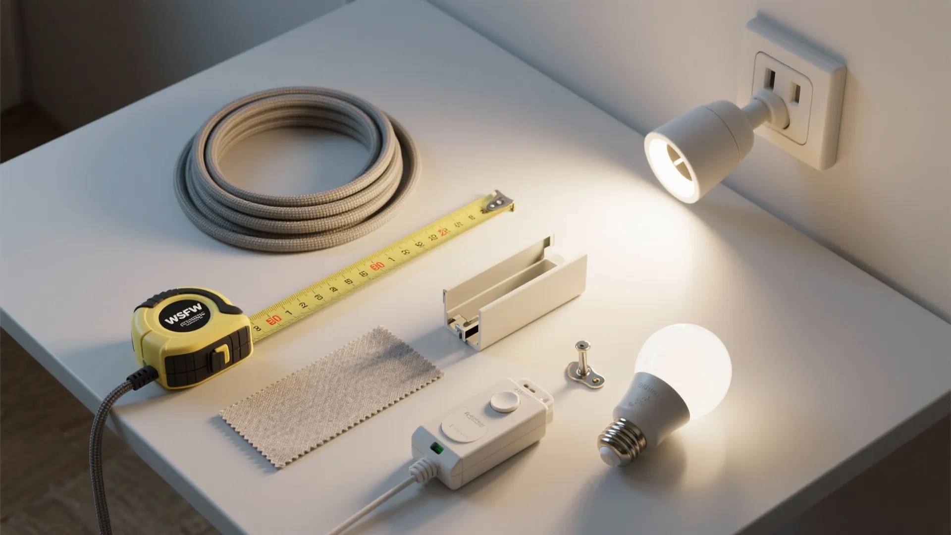 Top-down flatlay of cable raceway, fabric cord, in-line dimmer, measuring tape and LED bulb for plug-in lights.