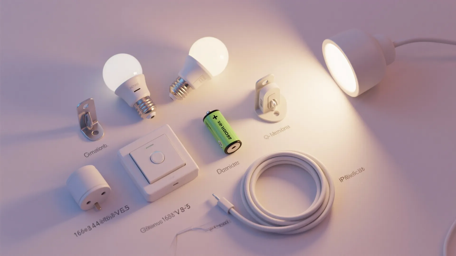 Collection of light bulbs, white power switch, green battery, and charging cable on white surface