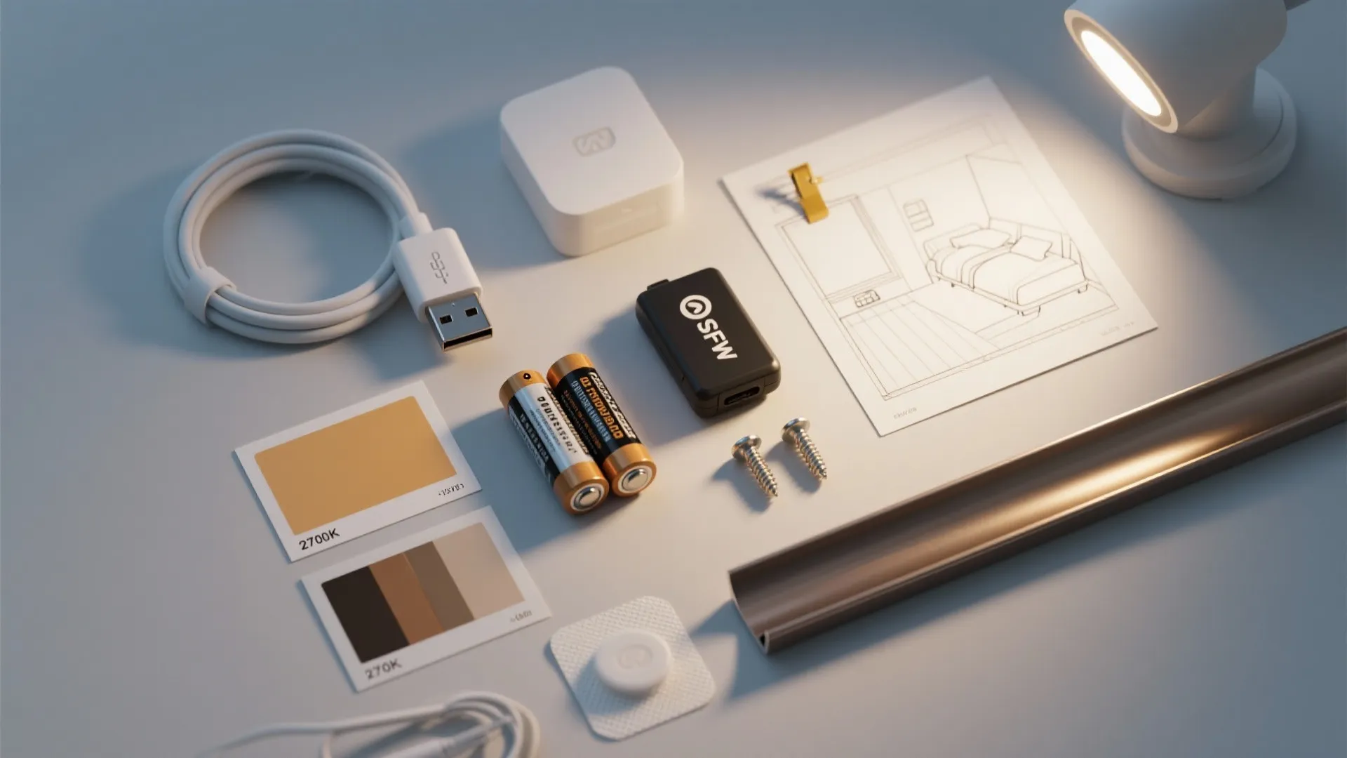 Arrangement of home lighting parts including batteries USB cable color samples and interior design drawing