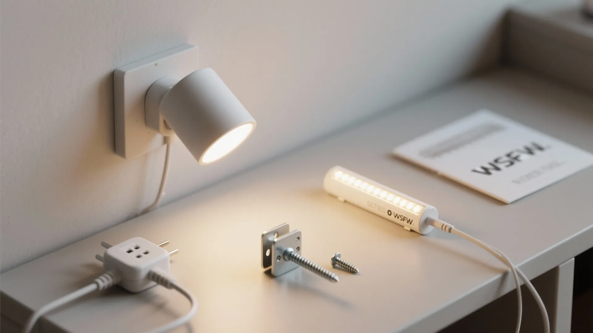 Flatlay of renter-friendly lighting options: plug-in sconce, adhesive LED strip, clamp fixture and anchors