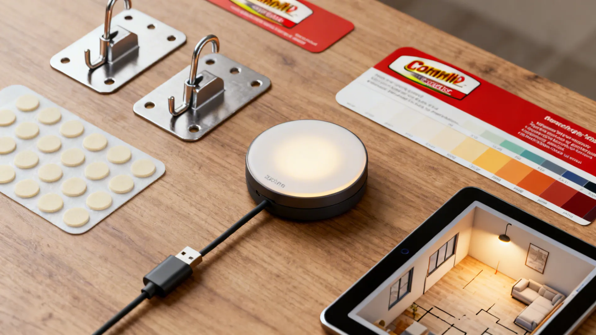 Flatlay of adhesive pads, command hooks, metal plates, puck light, USB cable and color swatches for non-destructive lighting.