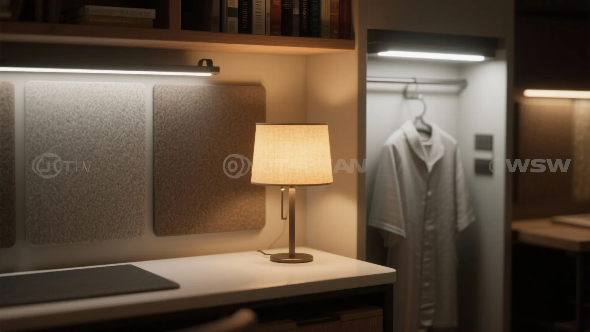 Cozy desk setup with warm table lamp light fixture acoustic wall panels and open closet view