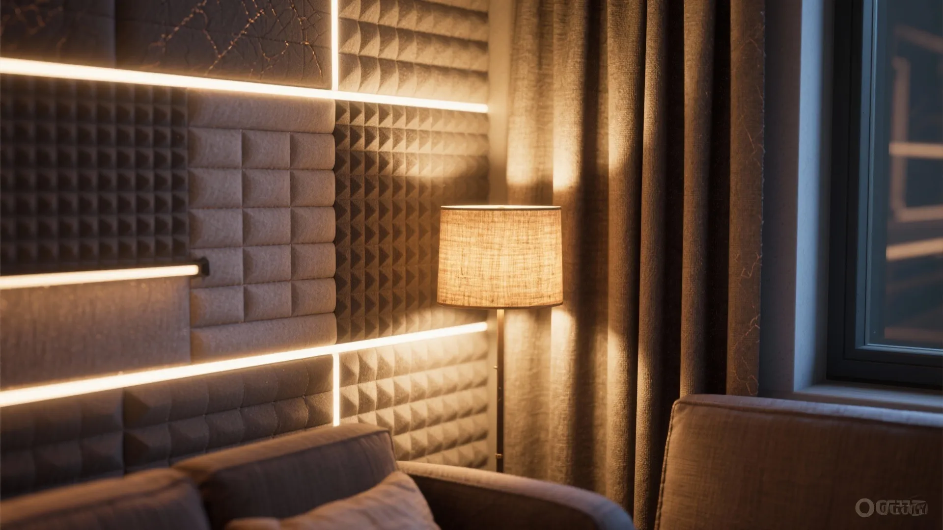 Close-up of fabric-wrapped acoustic panels and layered lighting with warm accent LEDs.