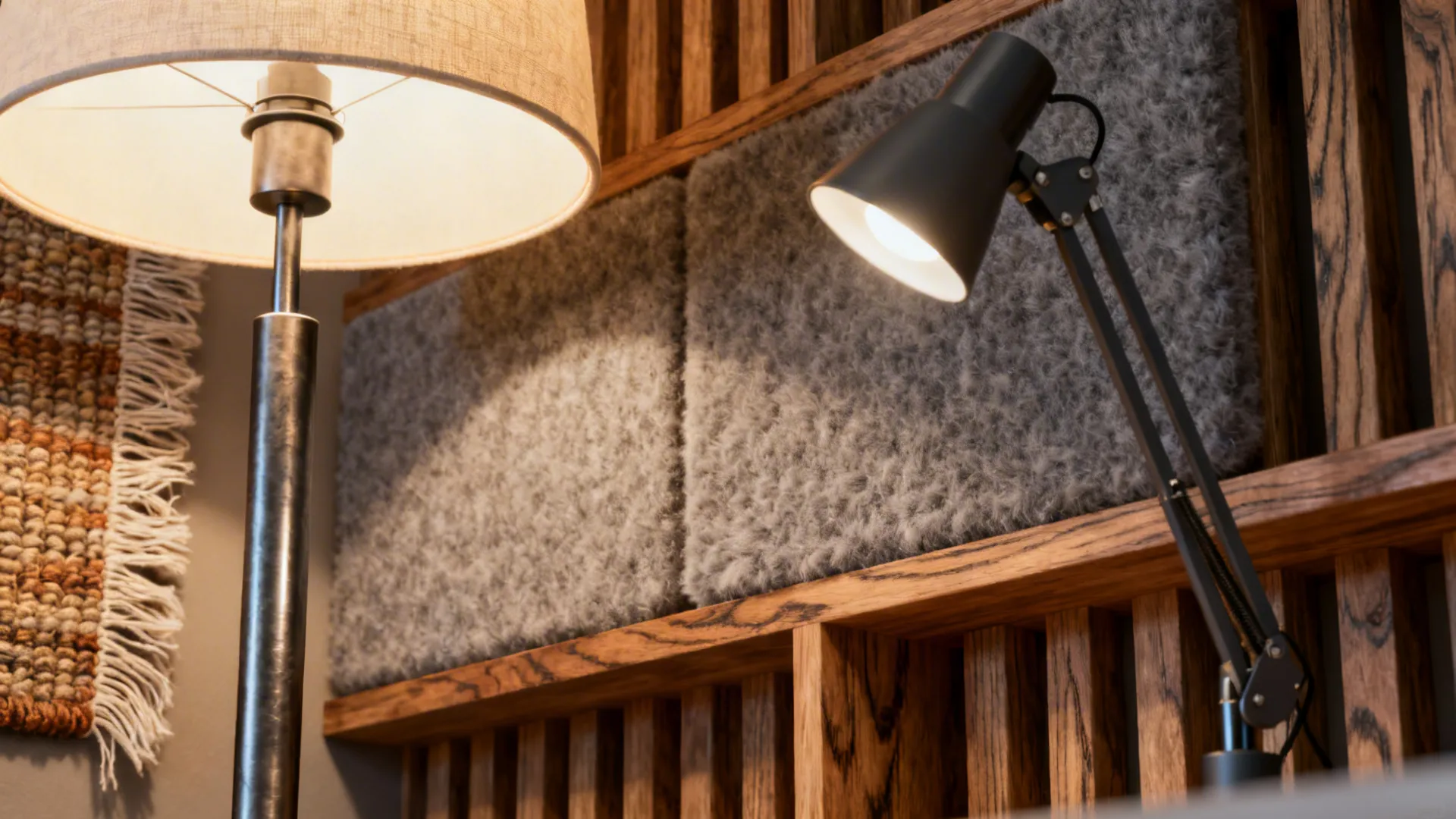Close up view of floor lamp and black desk lamp near a wooden wall panel