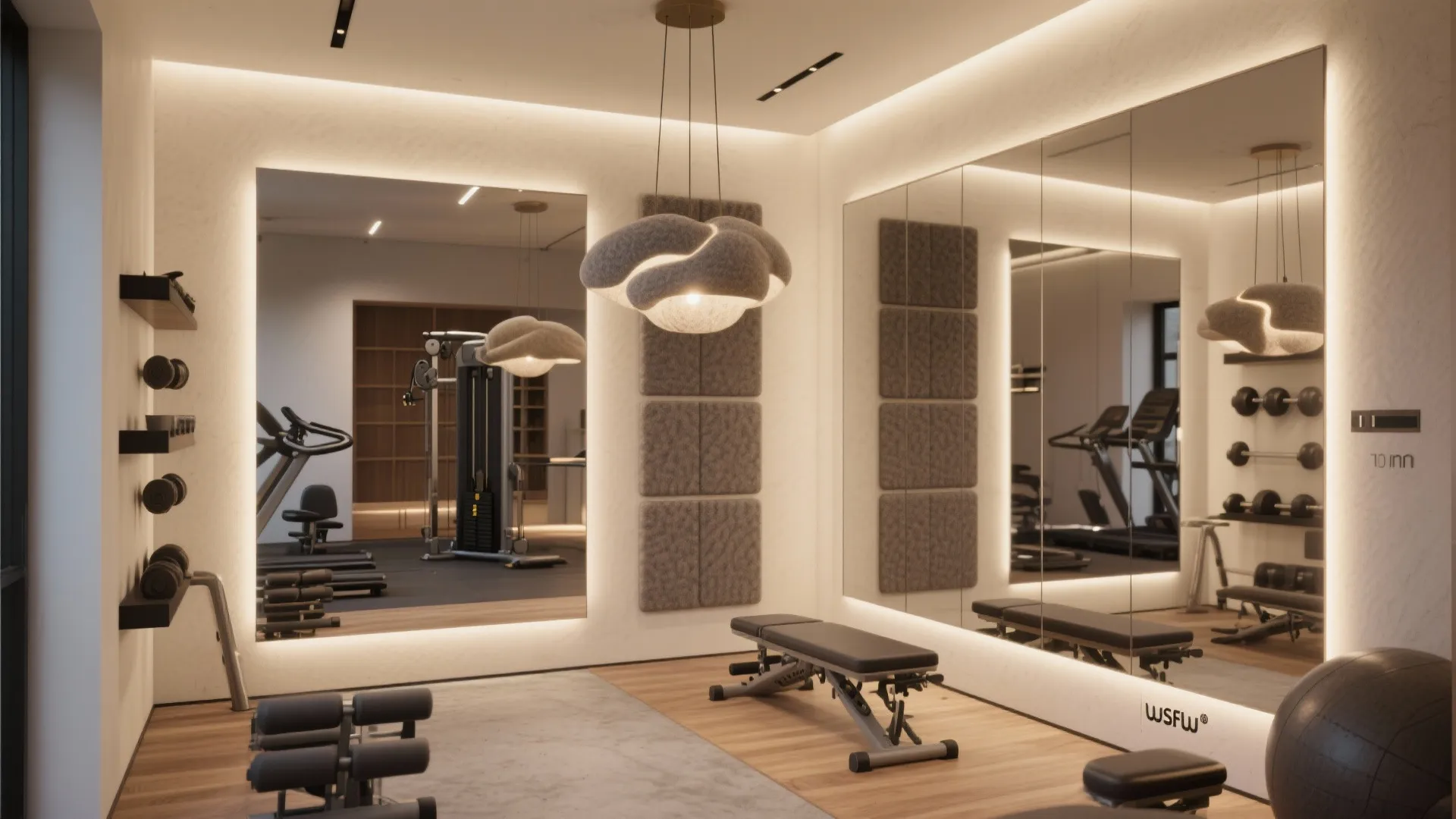 Professional boutique gym featuring cloud-shaped ceiling lights, floor mirrors, workout equipment, and light wood flooring
