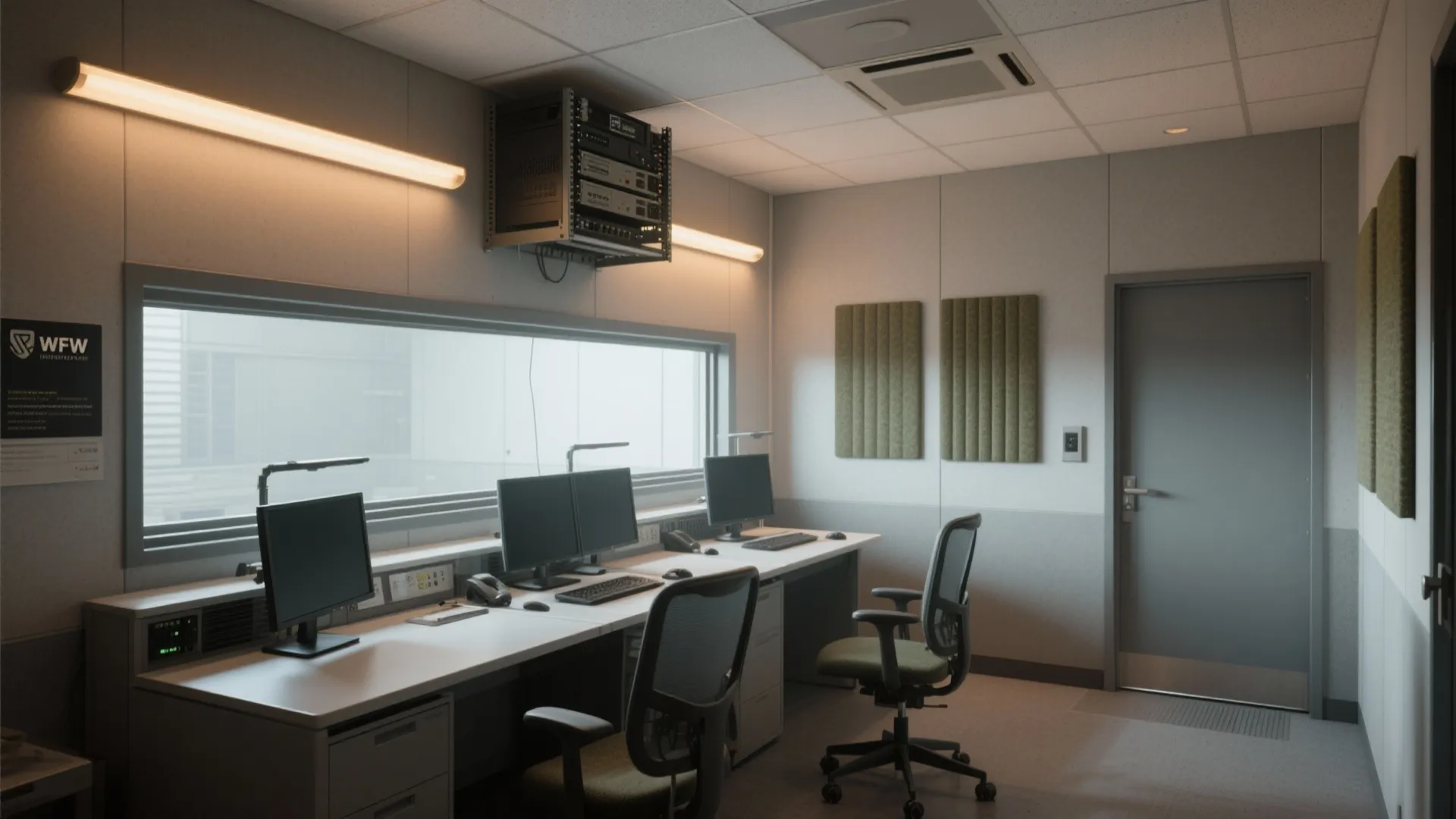 Modern security office with long desk monitors black chairs wall lights and grey wall panels