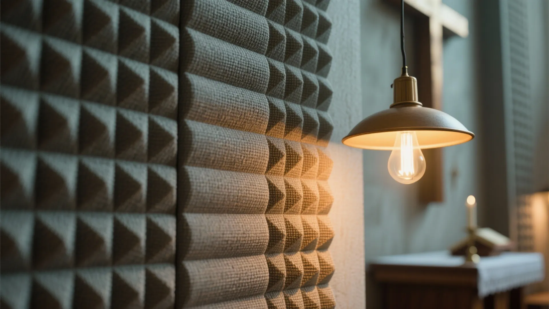 Grey textured wall panels for sound next to a warm hanging ceiling light in studio