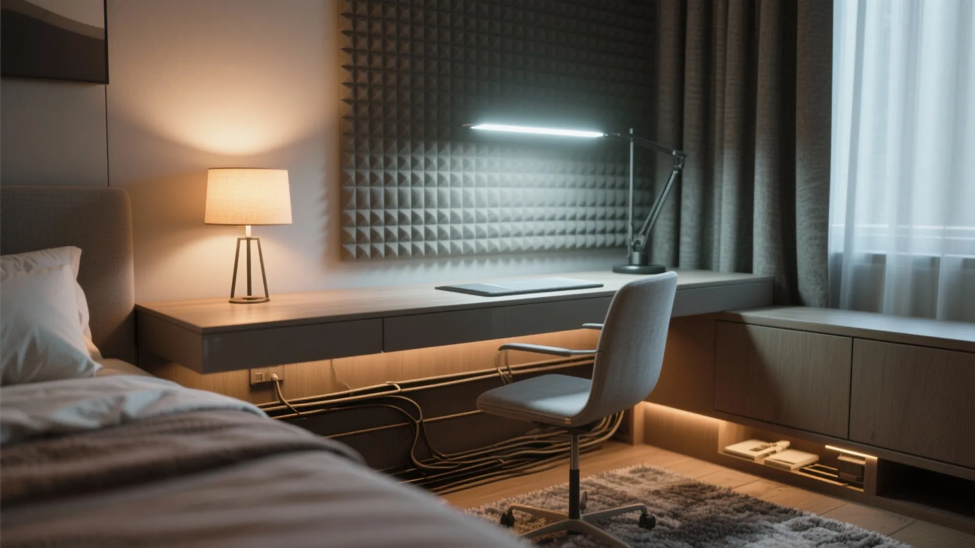 Modern bedroom work space with a desk and desk light and wall panel and chair