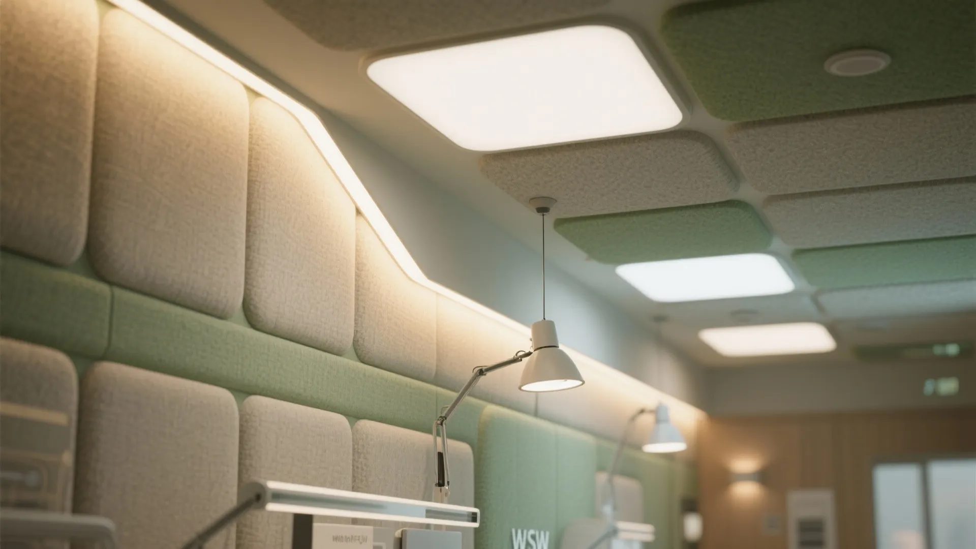Interior room design with soft wall panels square ceiling lights and adjustable white desk light fixtures