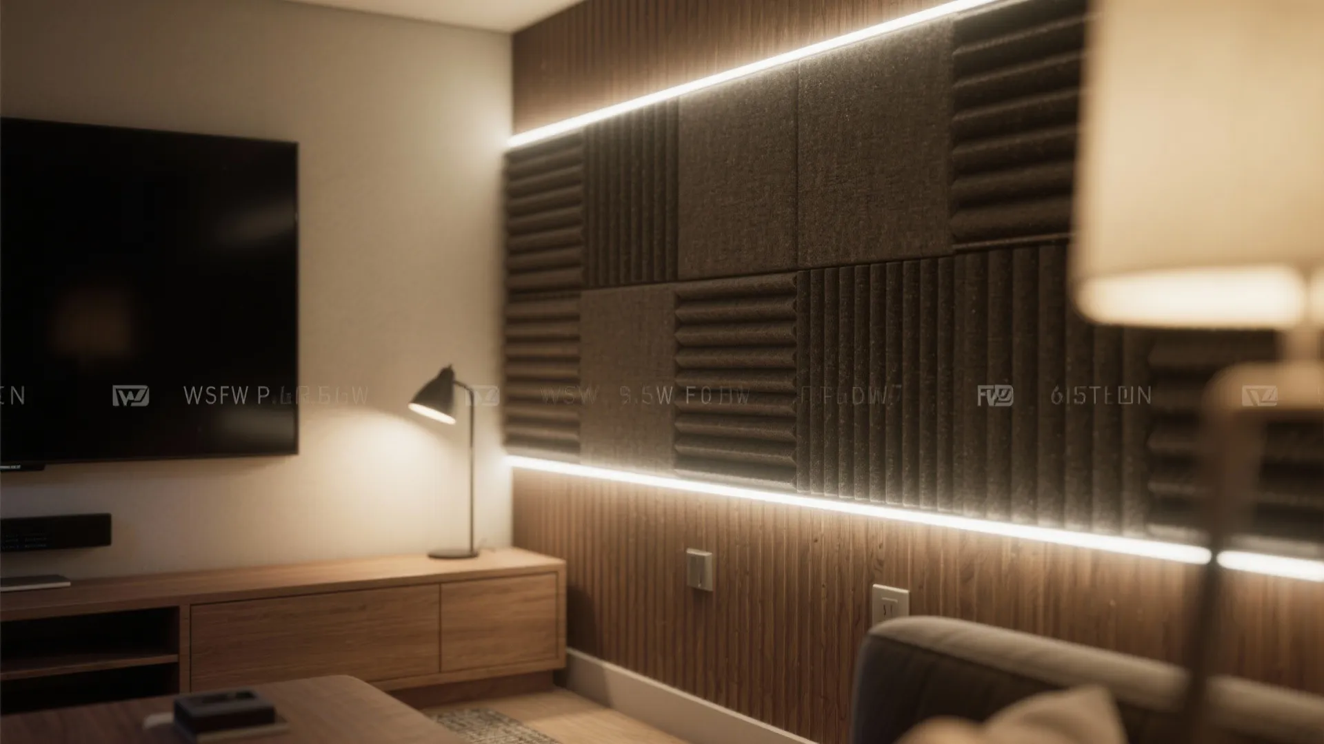 Modern room with dark television wooden cabinet desk lamp and textured wall panel light strips