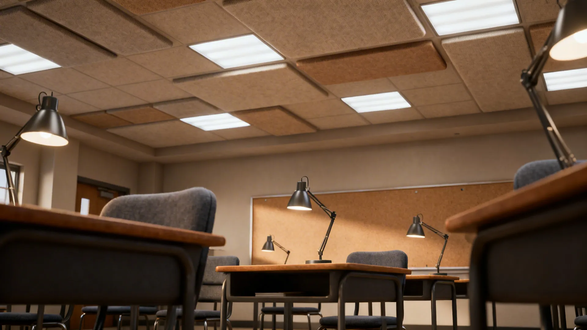 Adjustable LED panels and fabric ceiling baffles improving lighting and acoustics in a compact classroom.